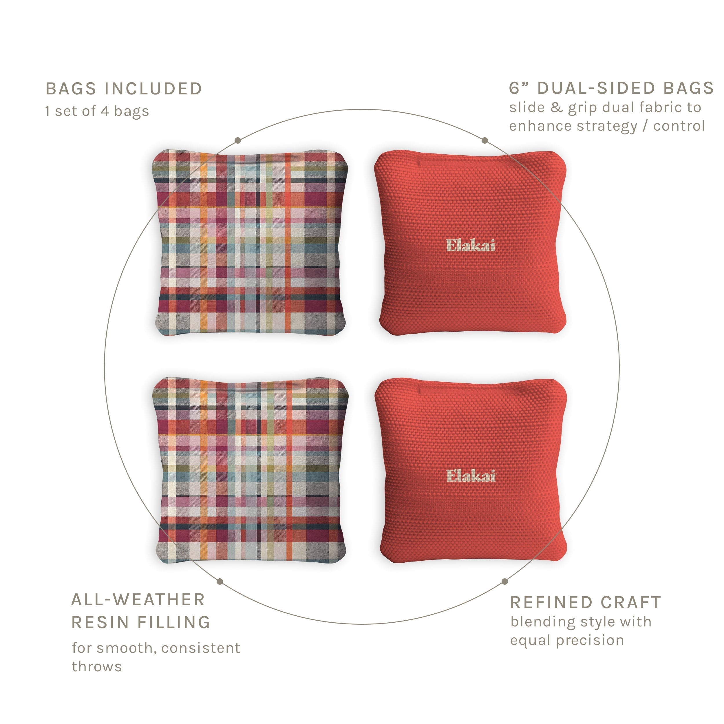 Four cornhole bags with plaid and solid designs, featuring the Elakai brand, on a white background.