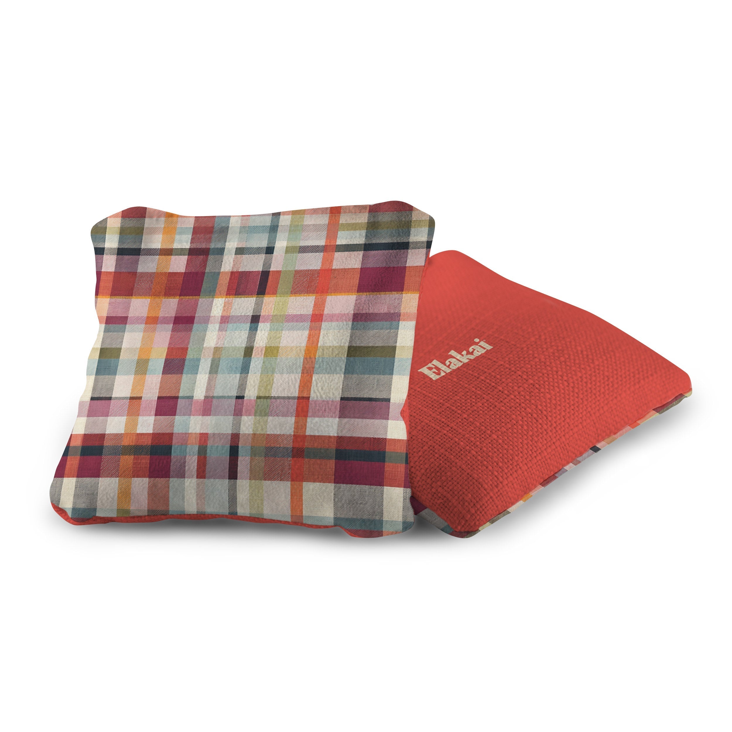 Two square ergonomic support pillows on a white background. One pillow features a multicolor plaid pattern with red, orange, green, blue, and beige stripes, while the other is solid red with the brand name 'Eikai' printed in white on the side.