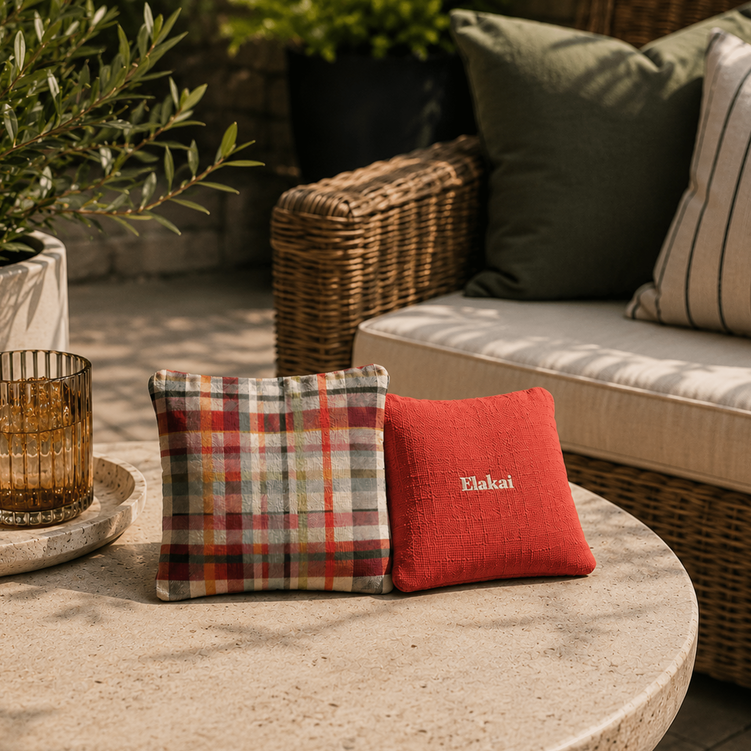 Two decorative pillows on a stone table with a wicker chair and plant in the background.