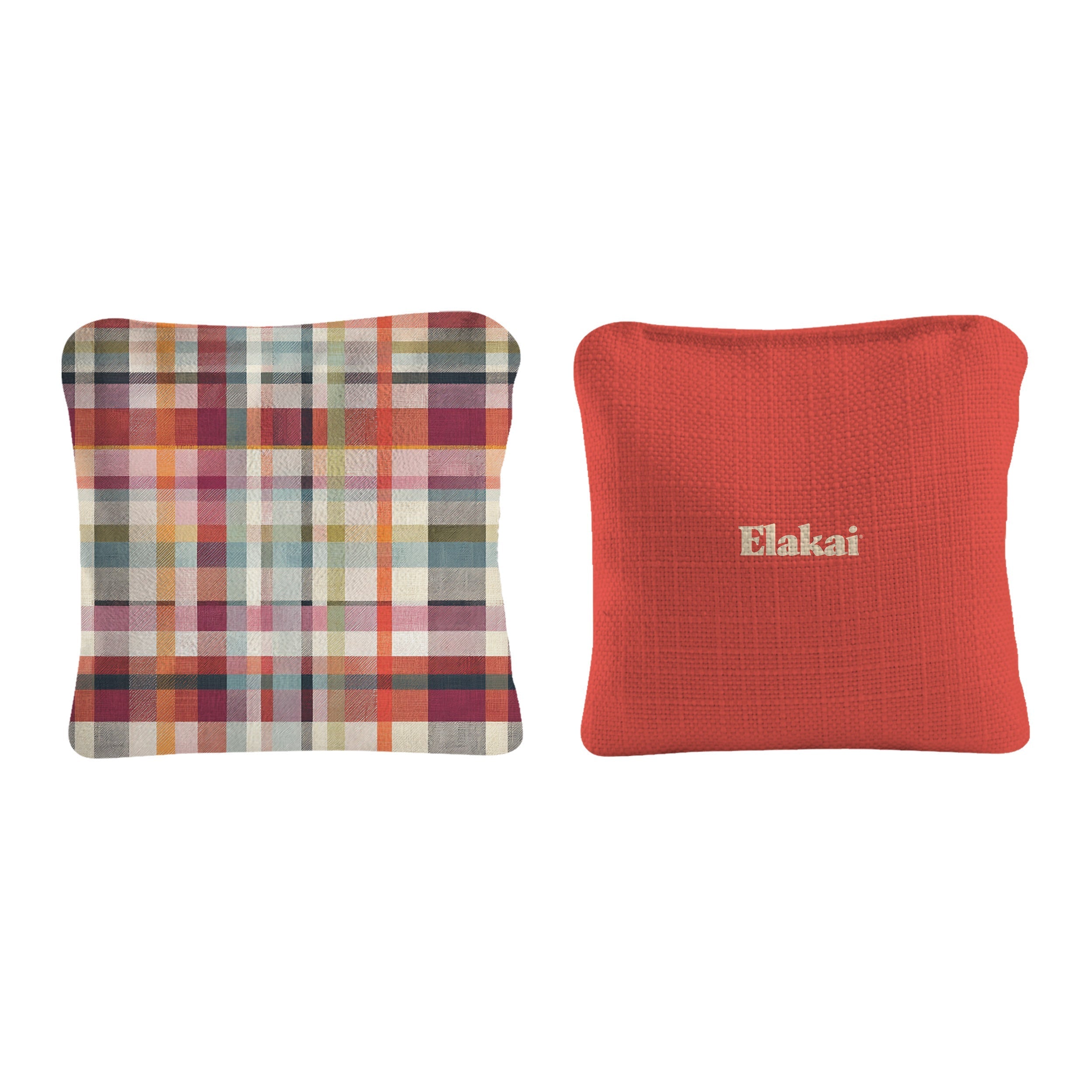 Two cushions, one plaid and one red with 'Elakai' branding, on a white background.