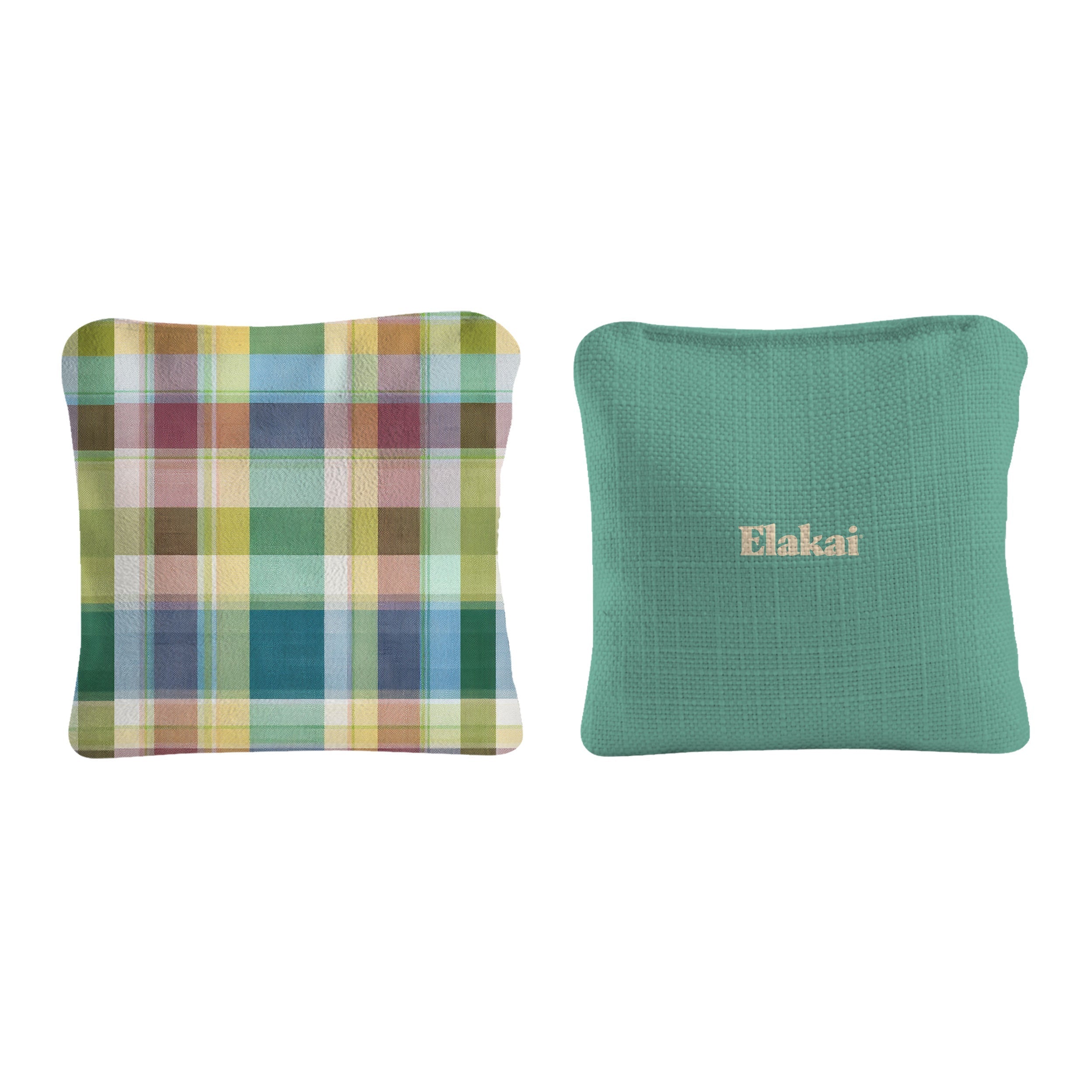 Two rectangular cushions, one plaid and one green with 'Elakai' branding, on a white background.
