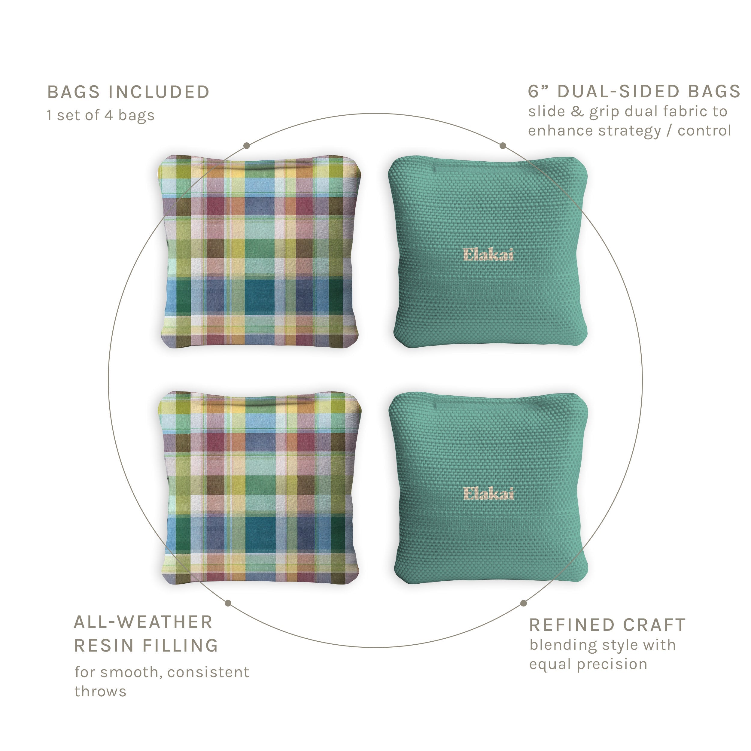 Two sets of bean bags with plaid and solid designs, featuring the brand 'Elakai'.