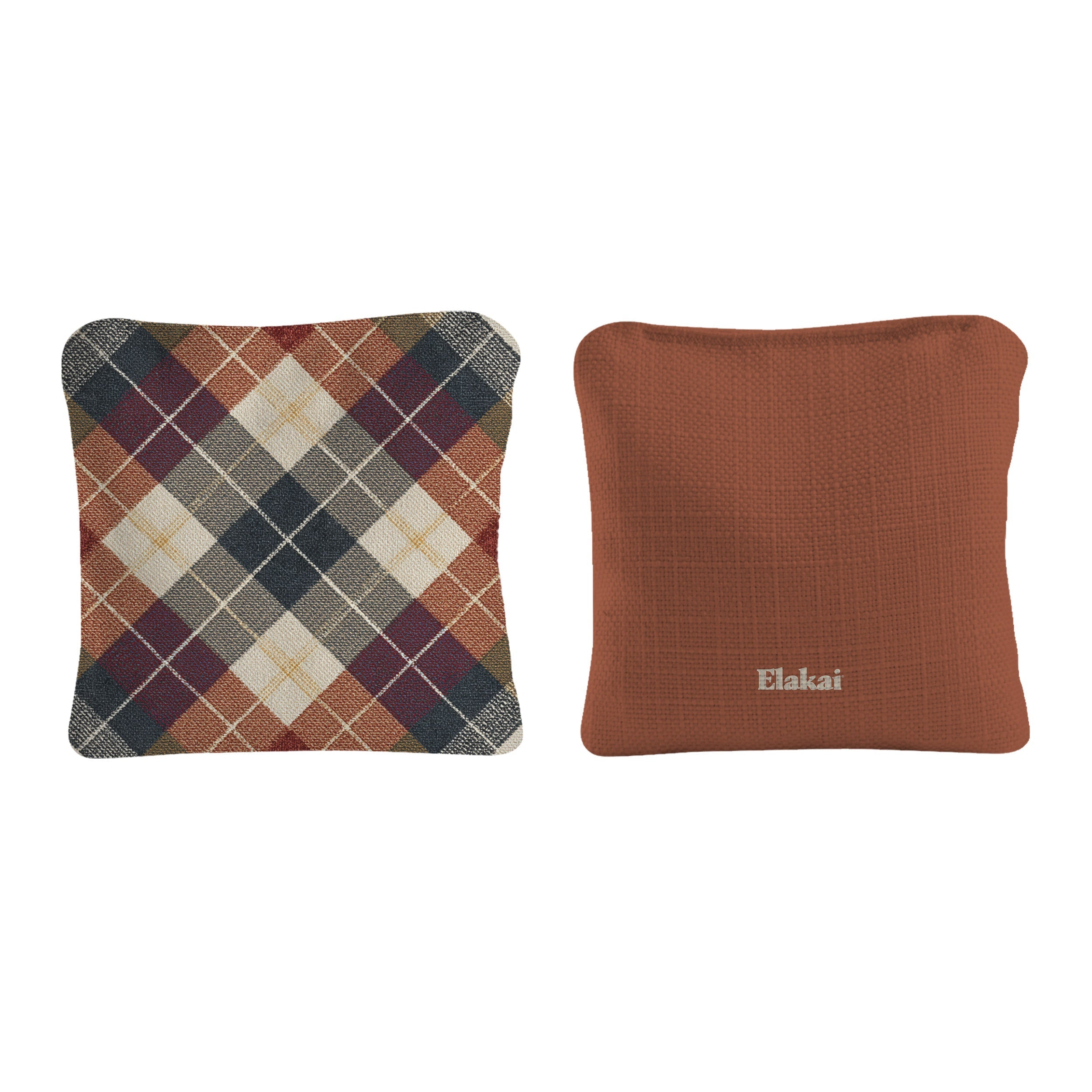 Two pillows, one plaid and one solid brown, on a white background with 'Elakai' branding.