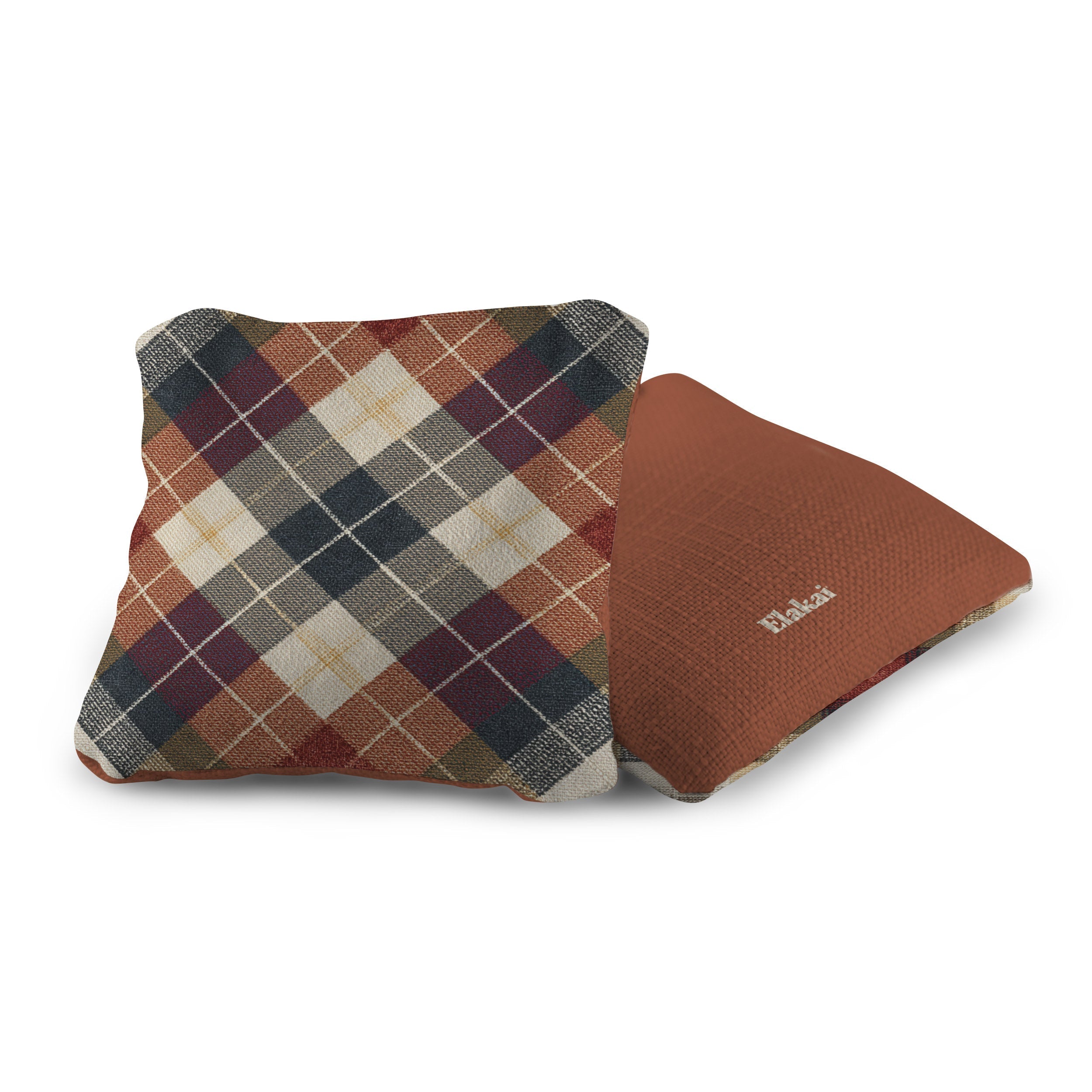 Plaid patterned pouch and brown textured square on a white background