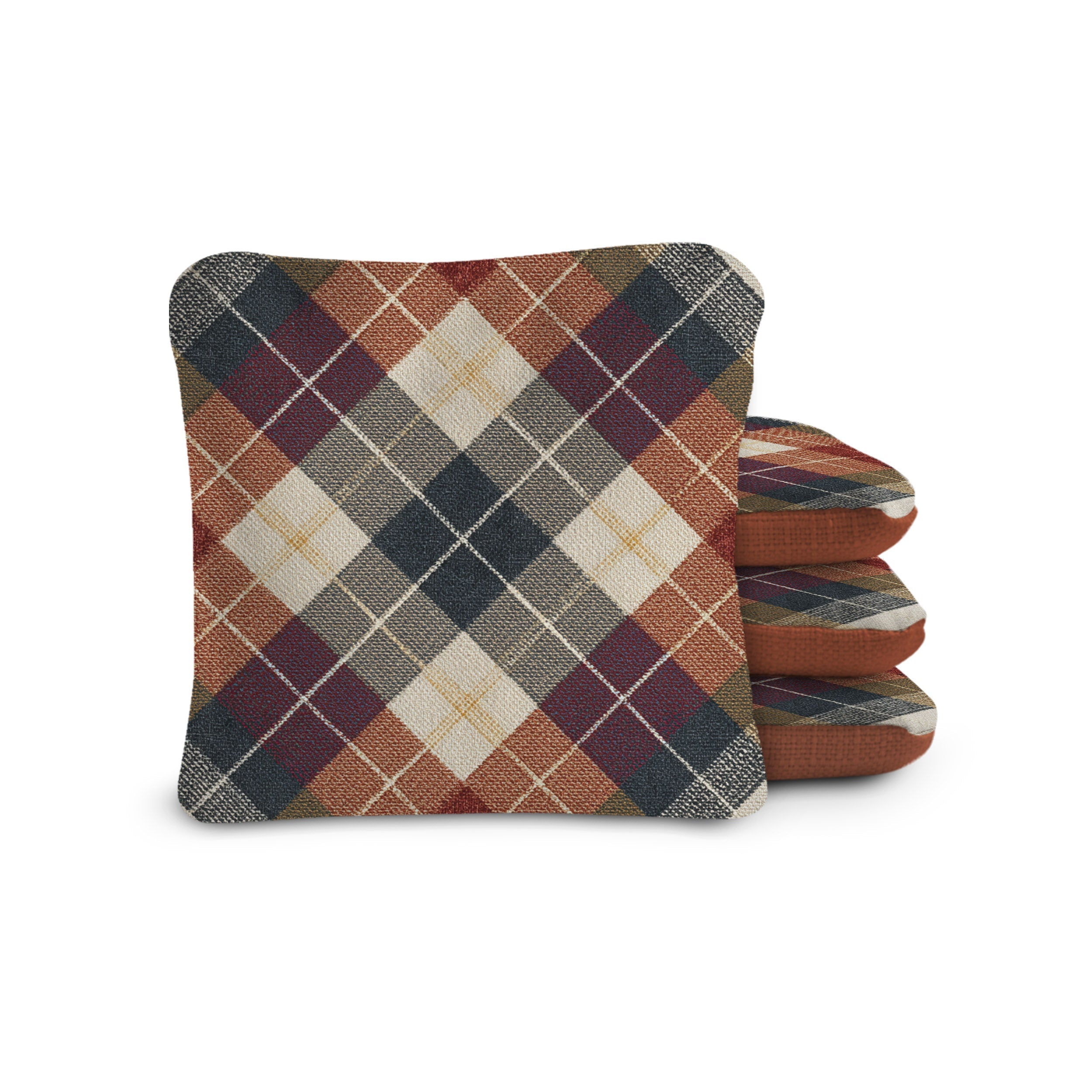 Stack of plaid fabric cushions on a white background