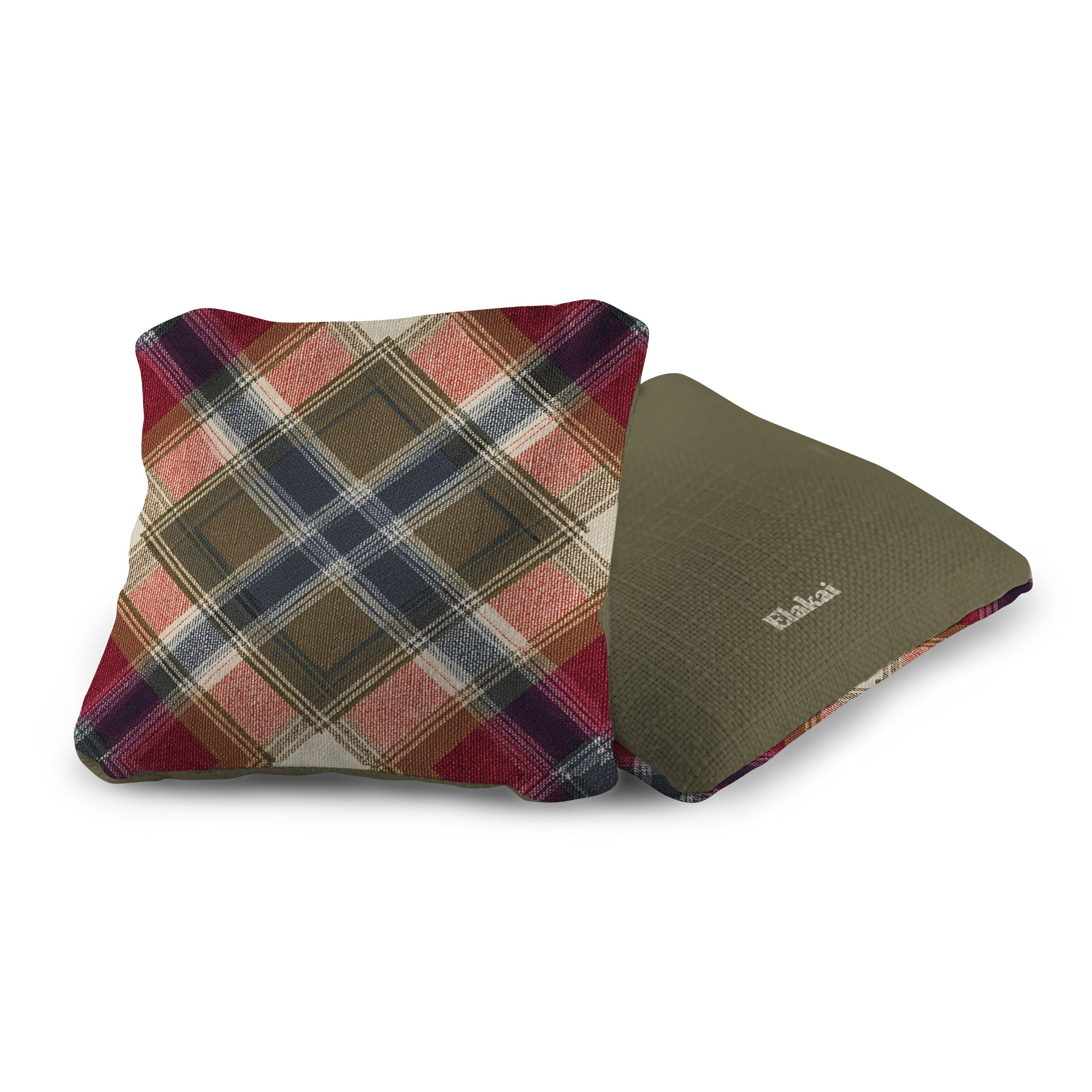 Plaid-patterned pouch and green fabric item on a white background