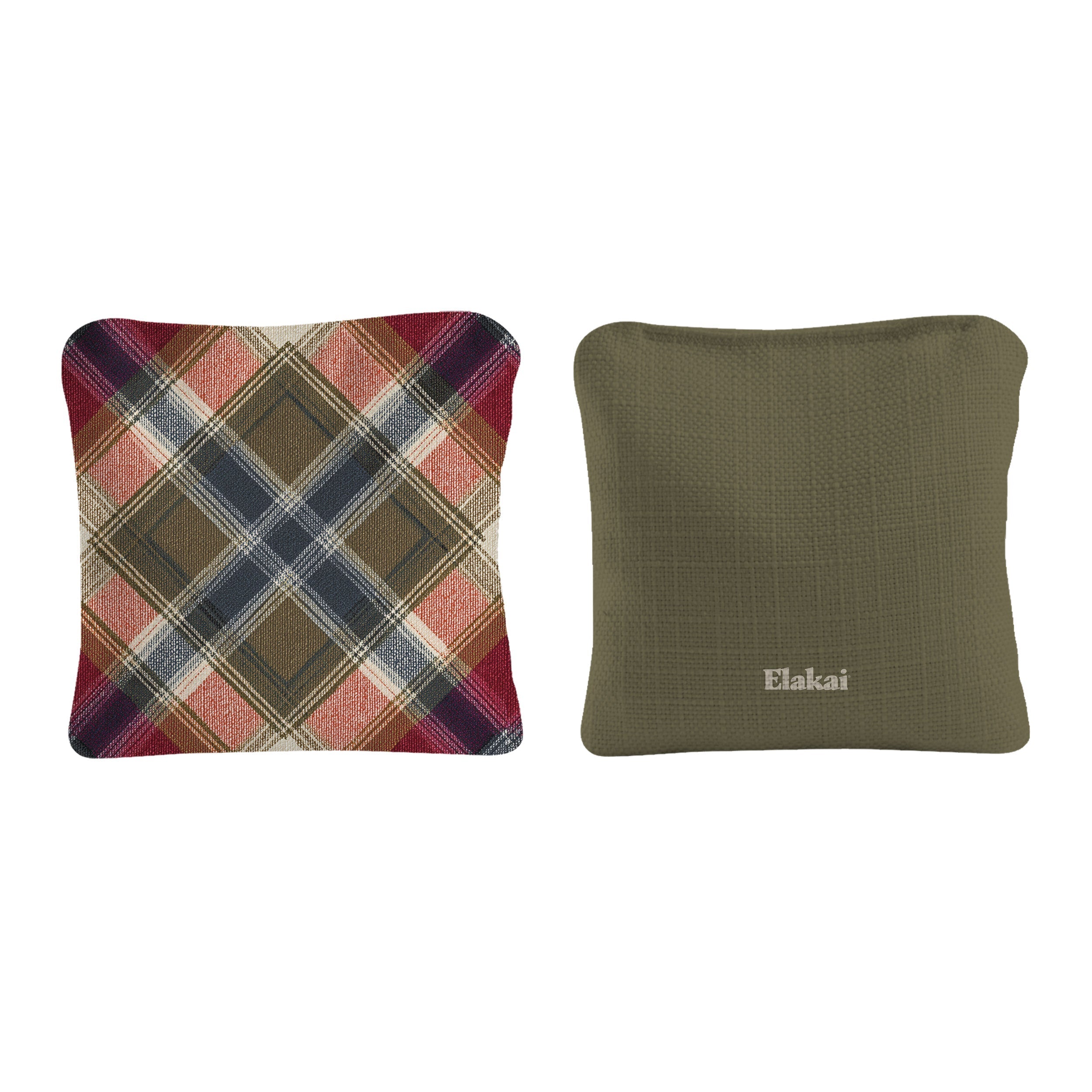 Two pillows, one plaid and one solid green, on a white background with 'Elakai' branding.