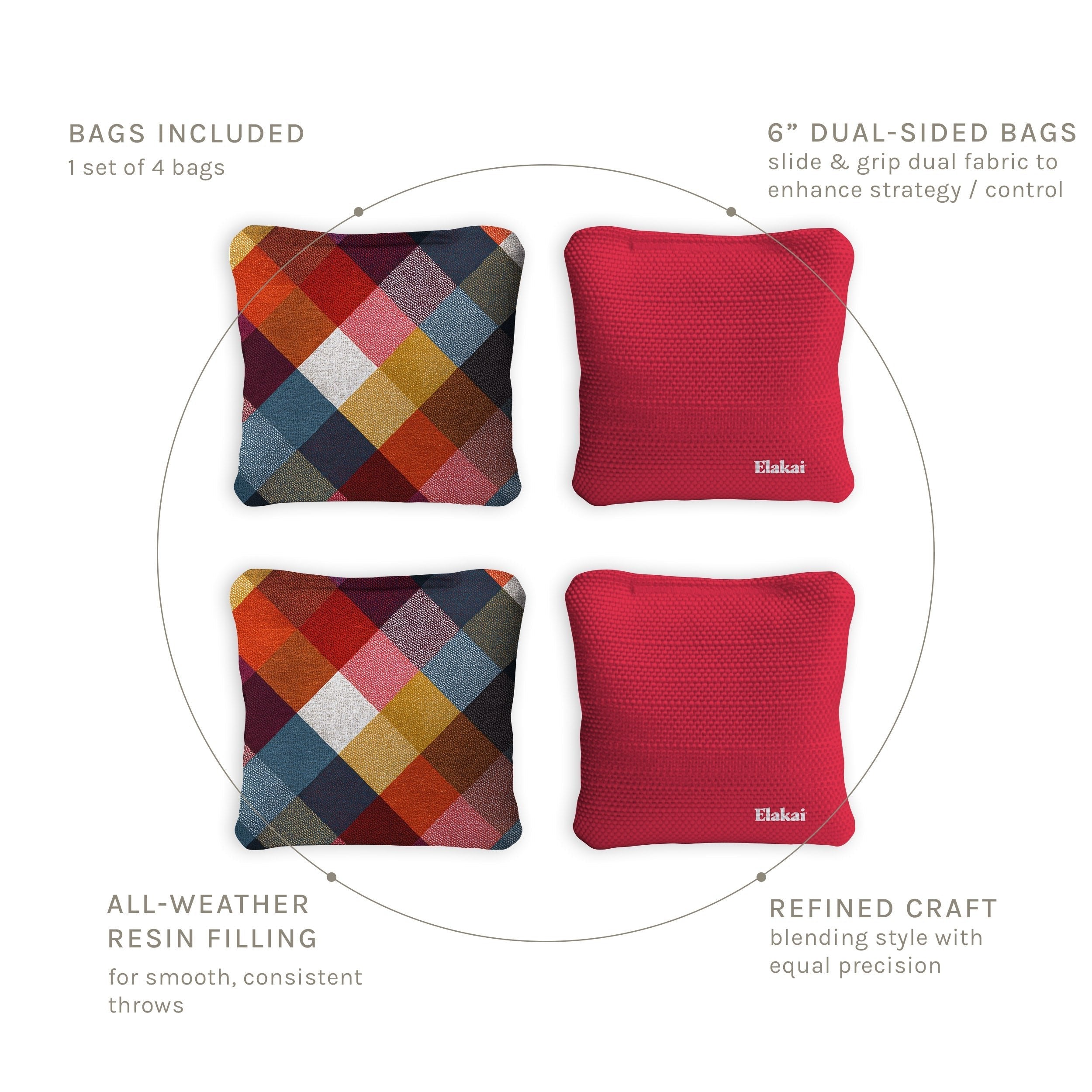 Four pillows with different designs and colors on a white background, featuring text about bags included.