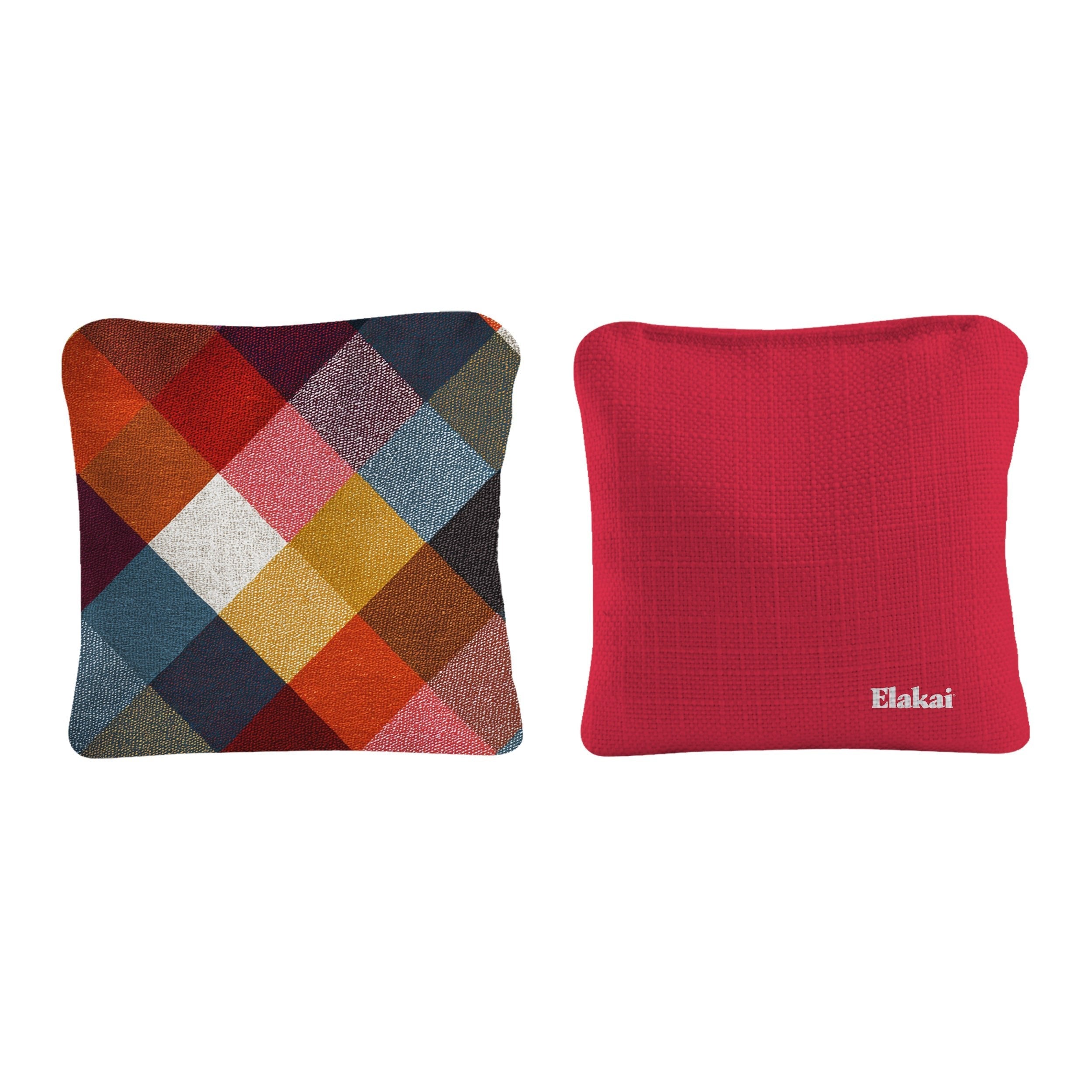 Two pillows, one multicolored and one red with 'Elakai' branding, on a white background.