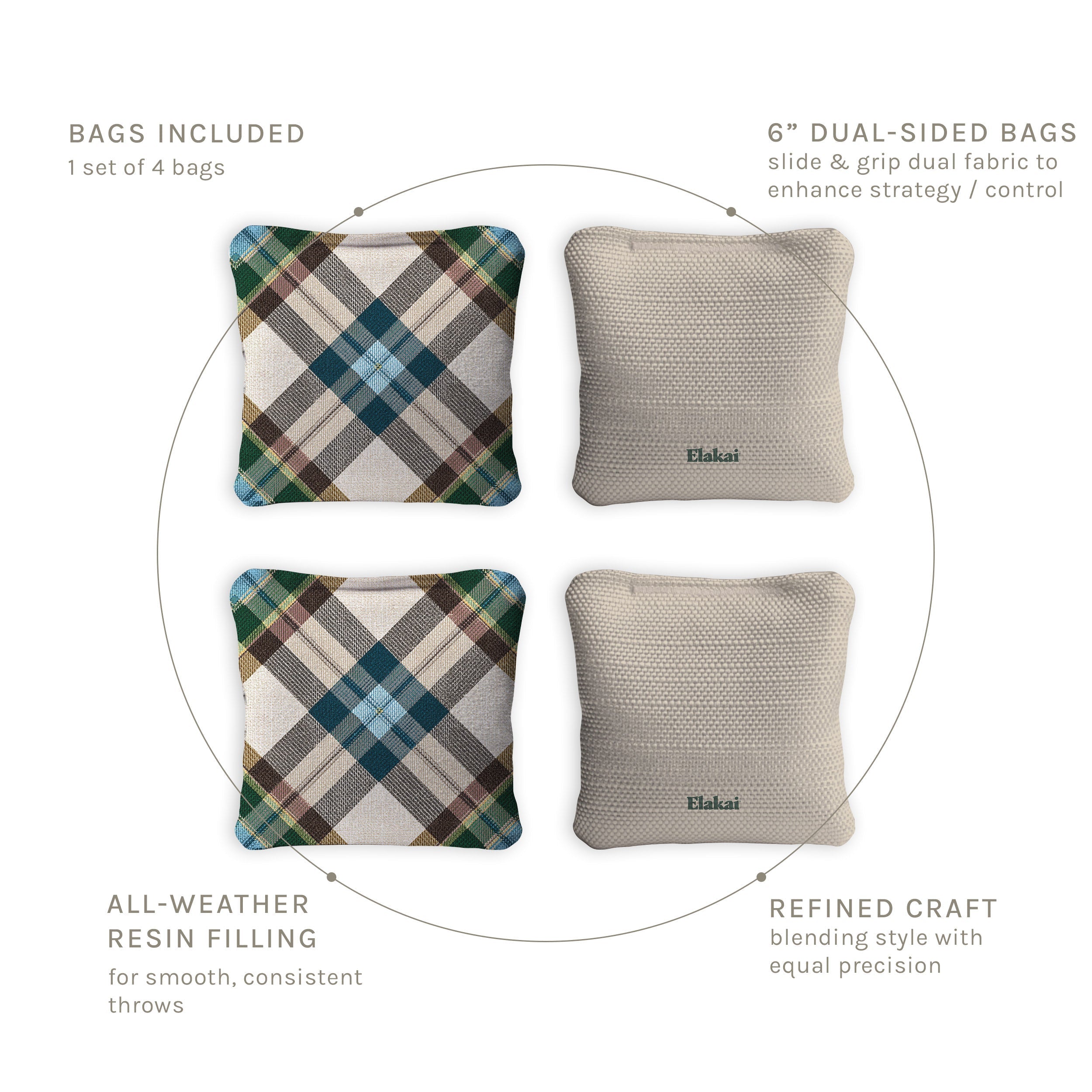 Four cornhole bags with plaid and textured designs on a white background