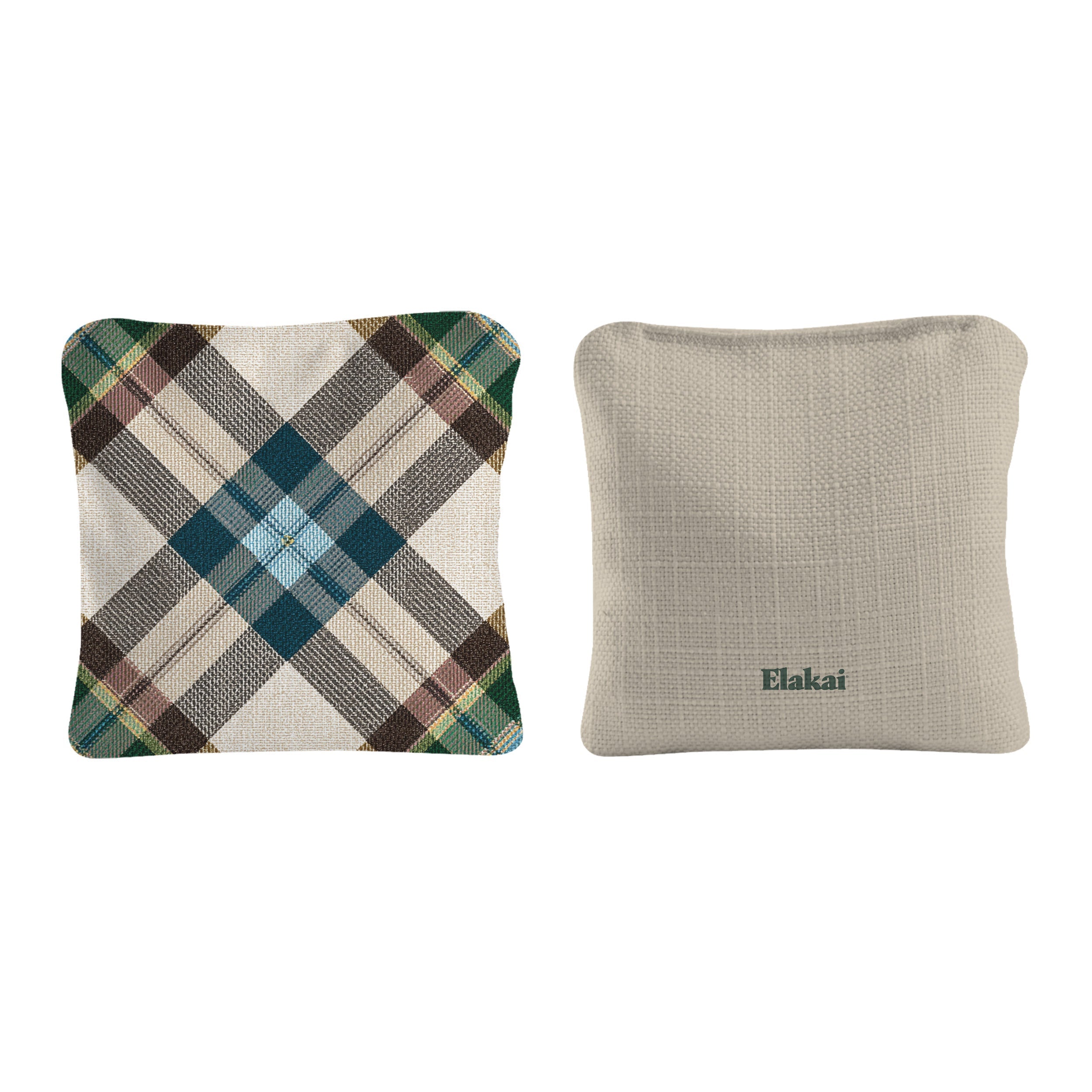 Two pillows, one plaid and one solid, on a white background with 'Elakai' branding.