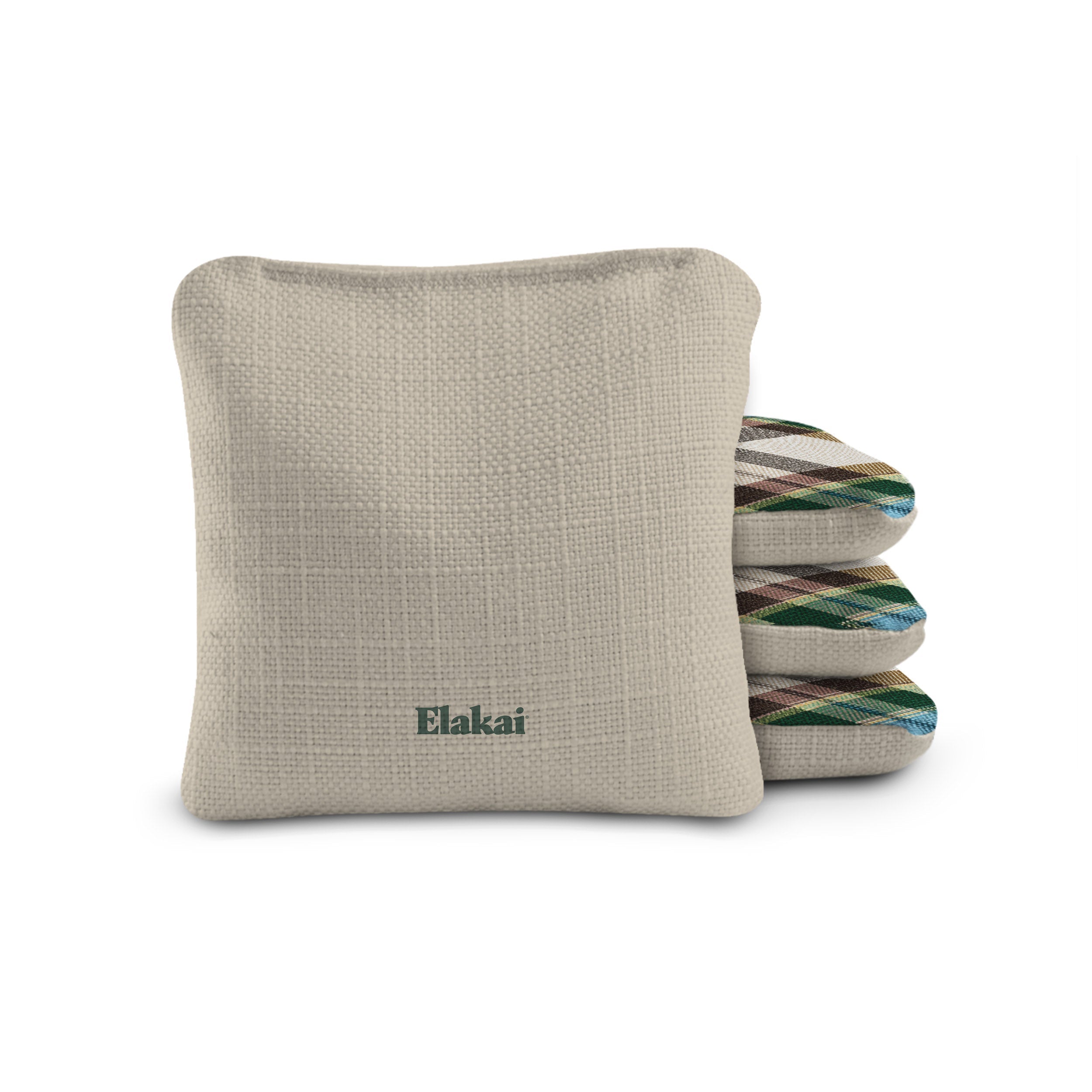Set of cornhole bags with 'Elakai' branding on a white background