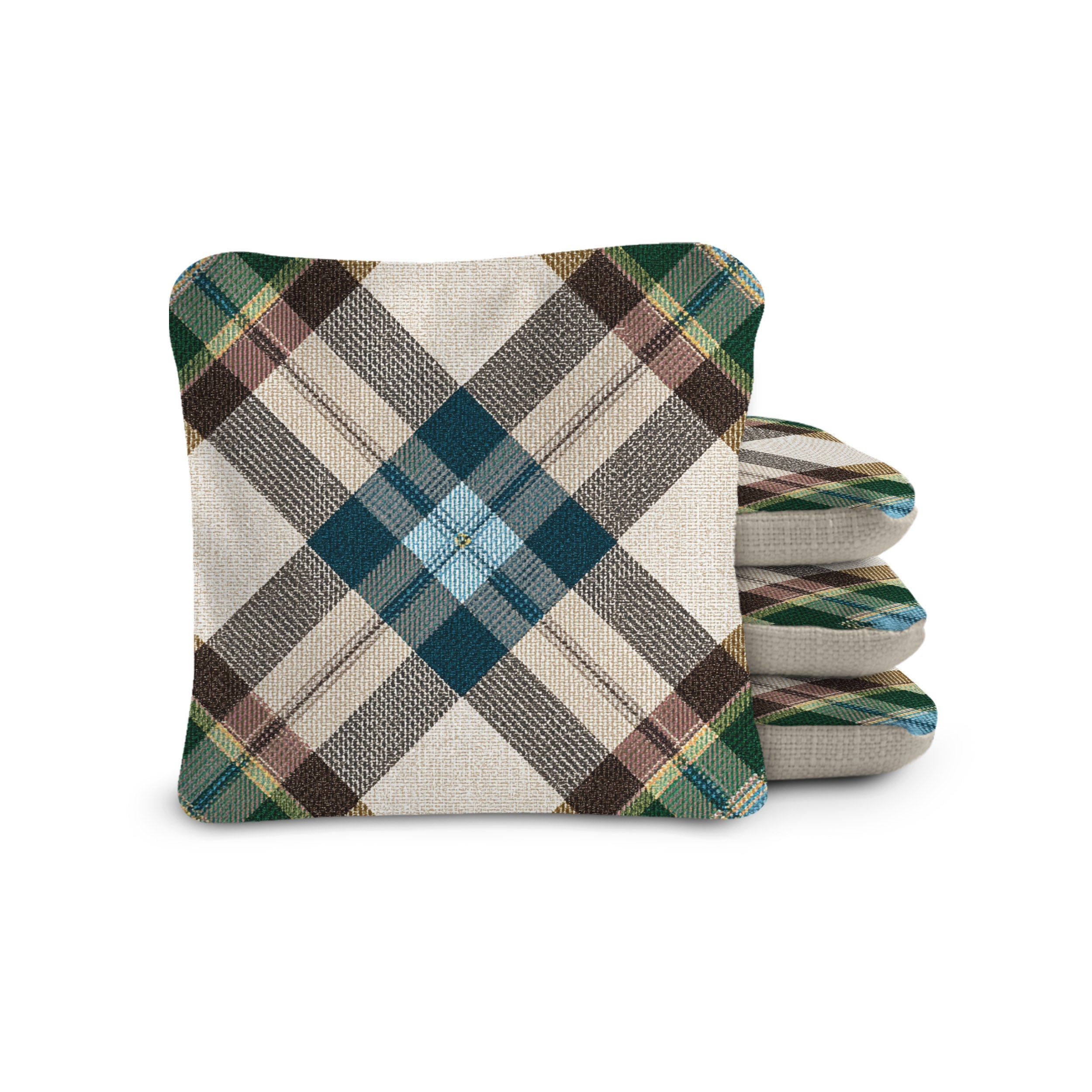 Folded plaid blanket with green, brown, and beige colors on a white background