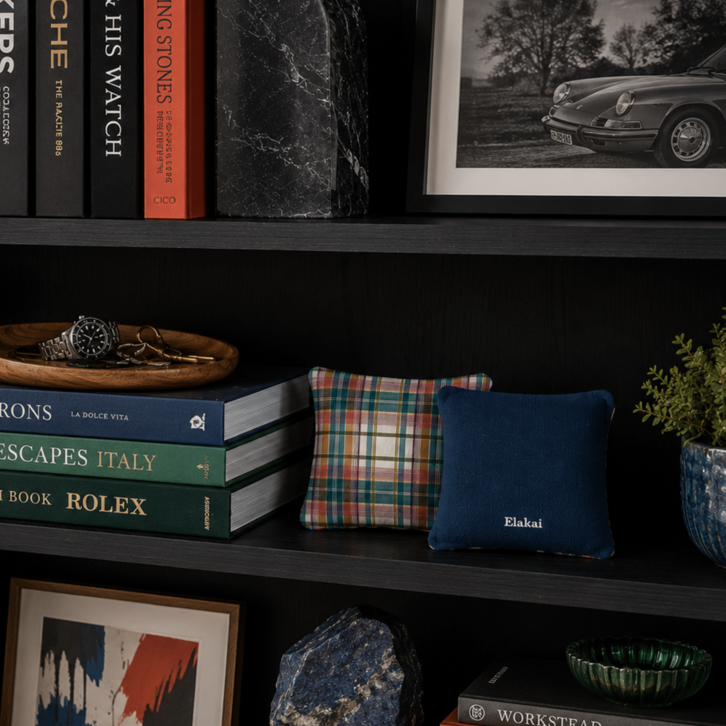 Bookshelf with books, decorative pillows, and a framed picture of a car.