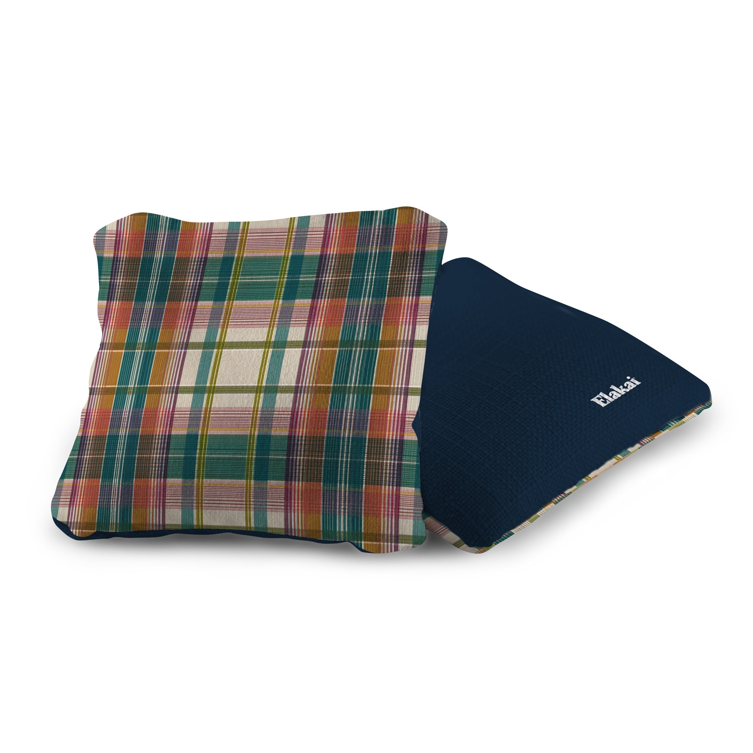 Plaid-patterned pillow and navy blue pillow with 'Elkau' branding on a white background