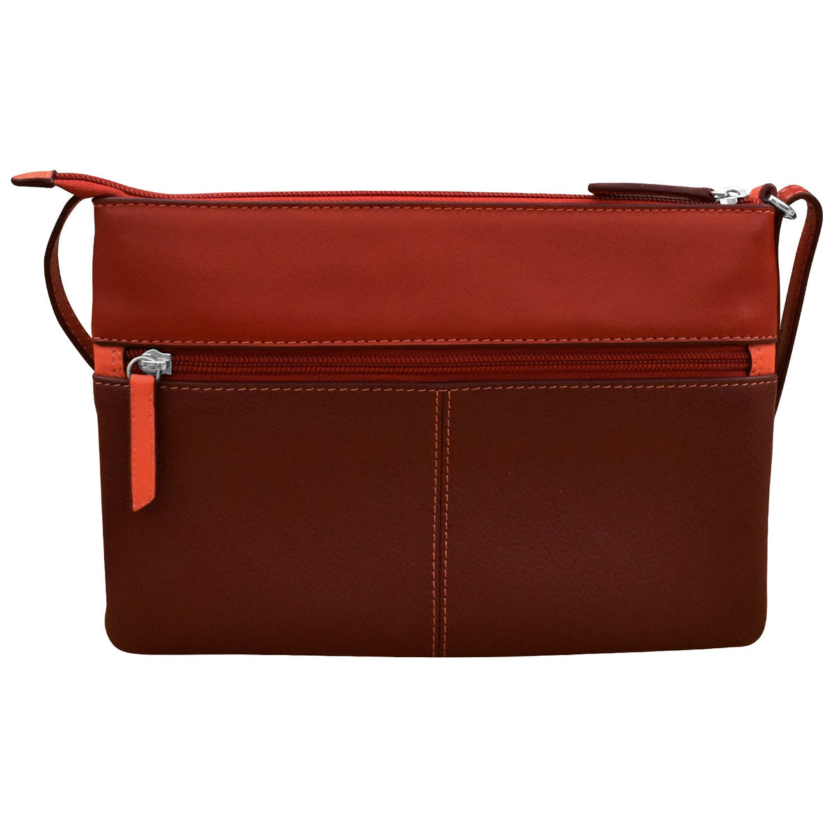 Brown leather handbag with orange accents on a white background