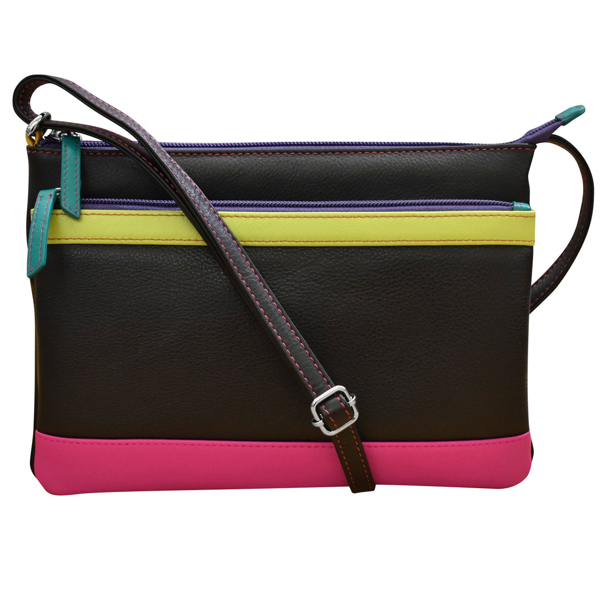 Multicolored handbag with a strap on a white background