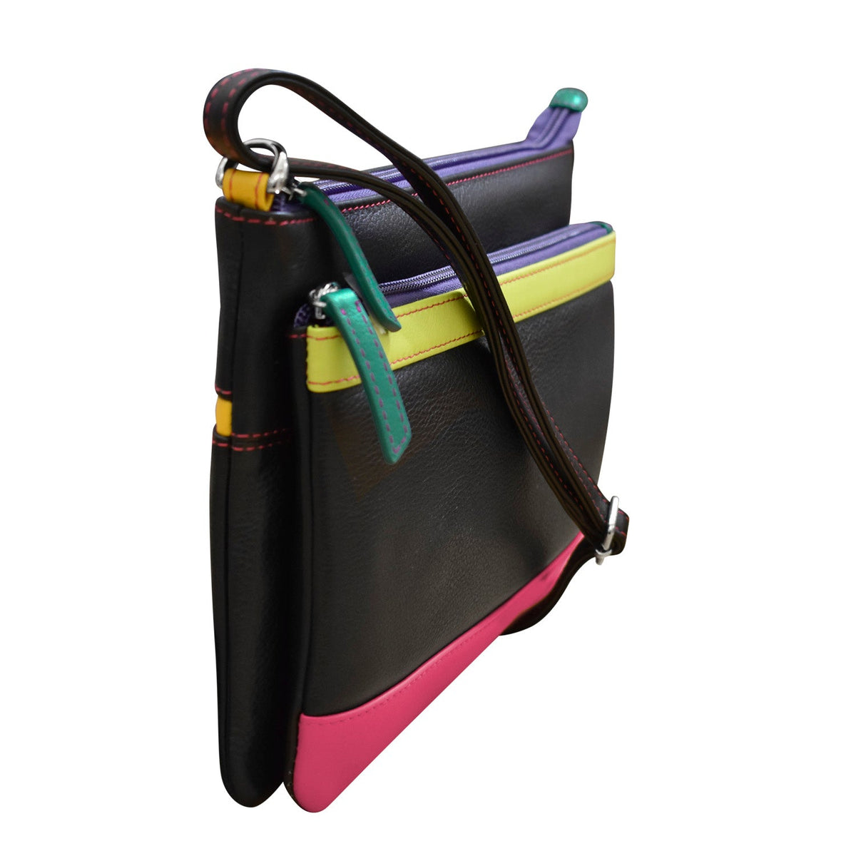Multicolored crossbody bag with a strap on a white background