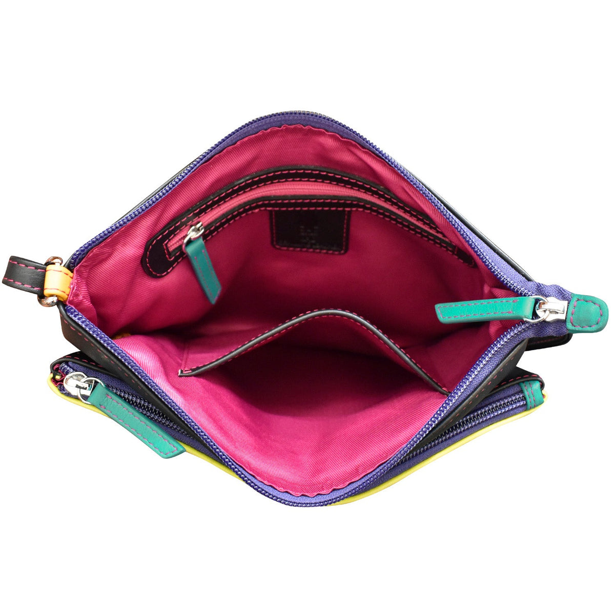 Open multicolored pouch with pink interior on a white background