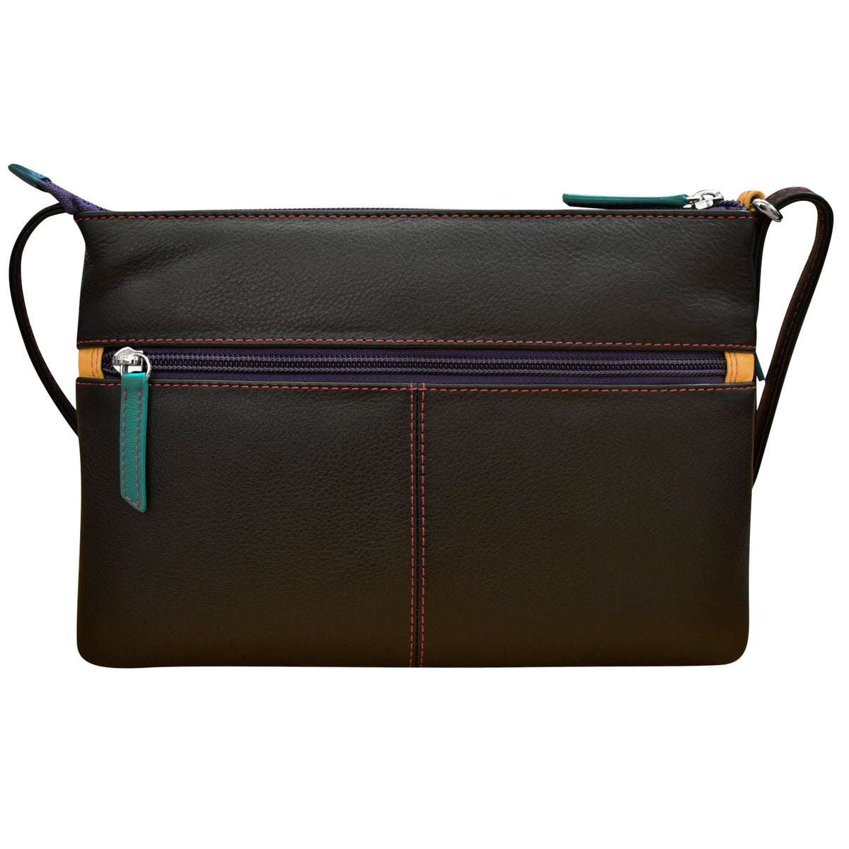 Black leather crossbody bag with colorful zippers on a white background