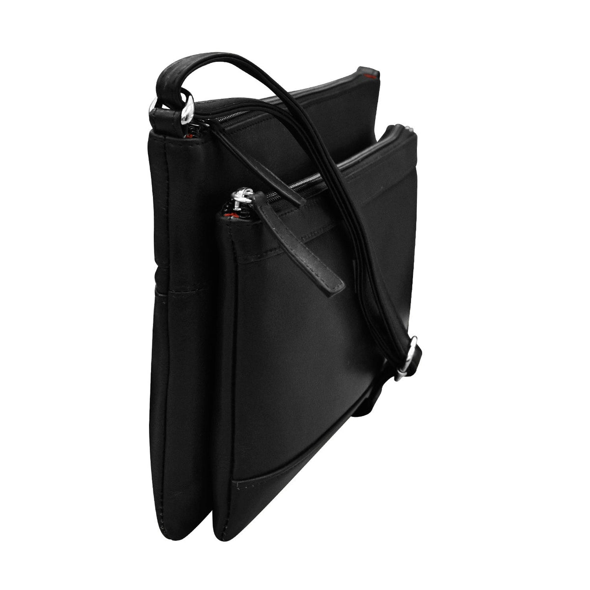 Black shoulder bag with a strap on a white background
