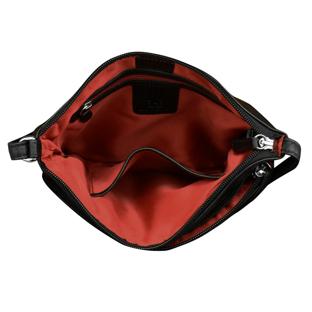 Open black handbag with red interior on a white background