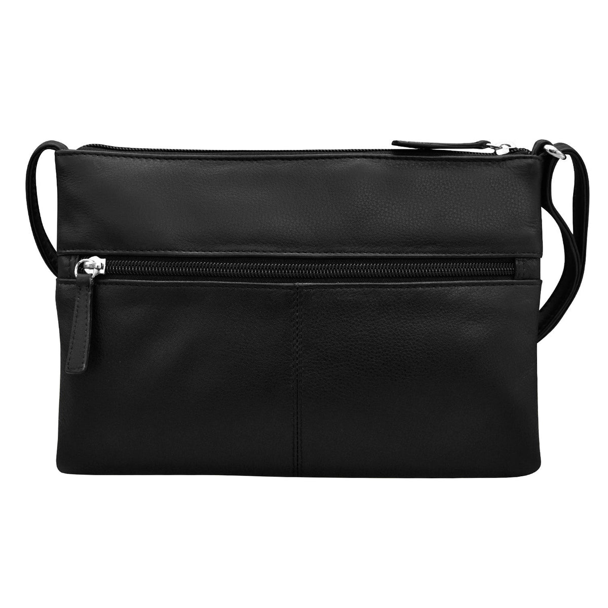 Black leather crossbody bag on a white background