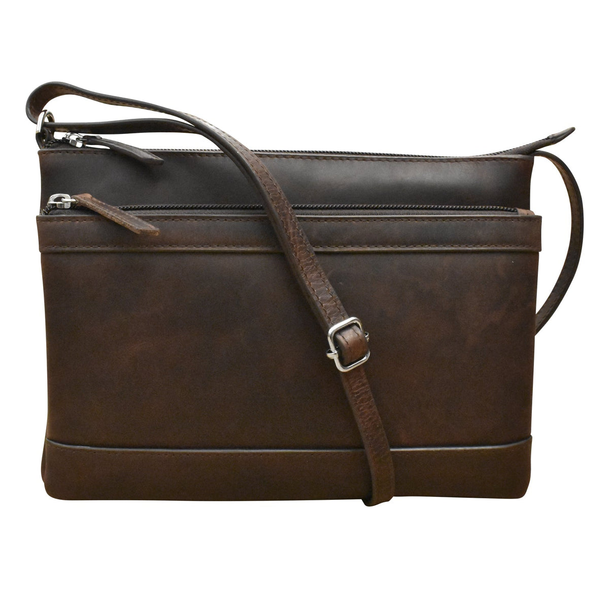 Brown leather handbag with a strap on a white background