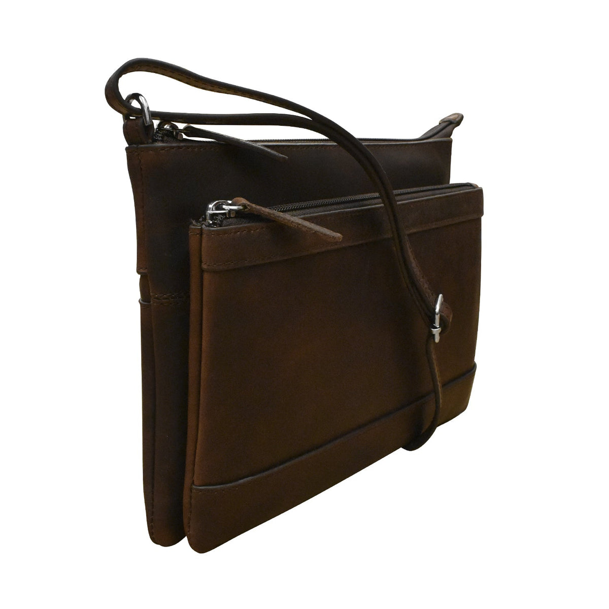 Brown leather handbag with a strap on a white background
