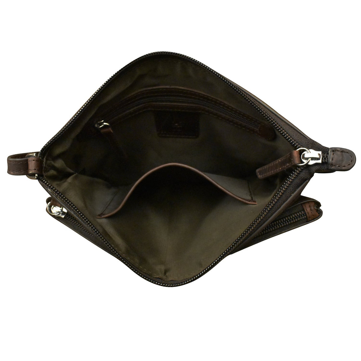Brown leather bag with zippers on a white background