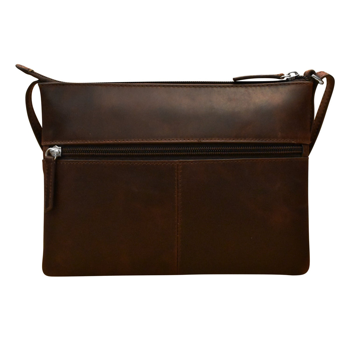 Brown leather crossbody bag on a white background