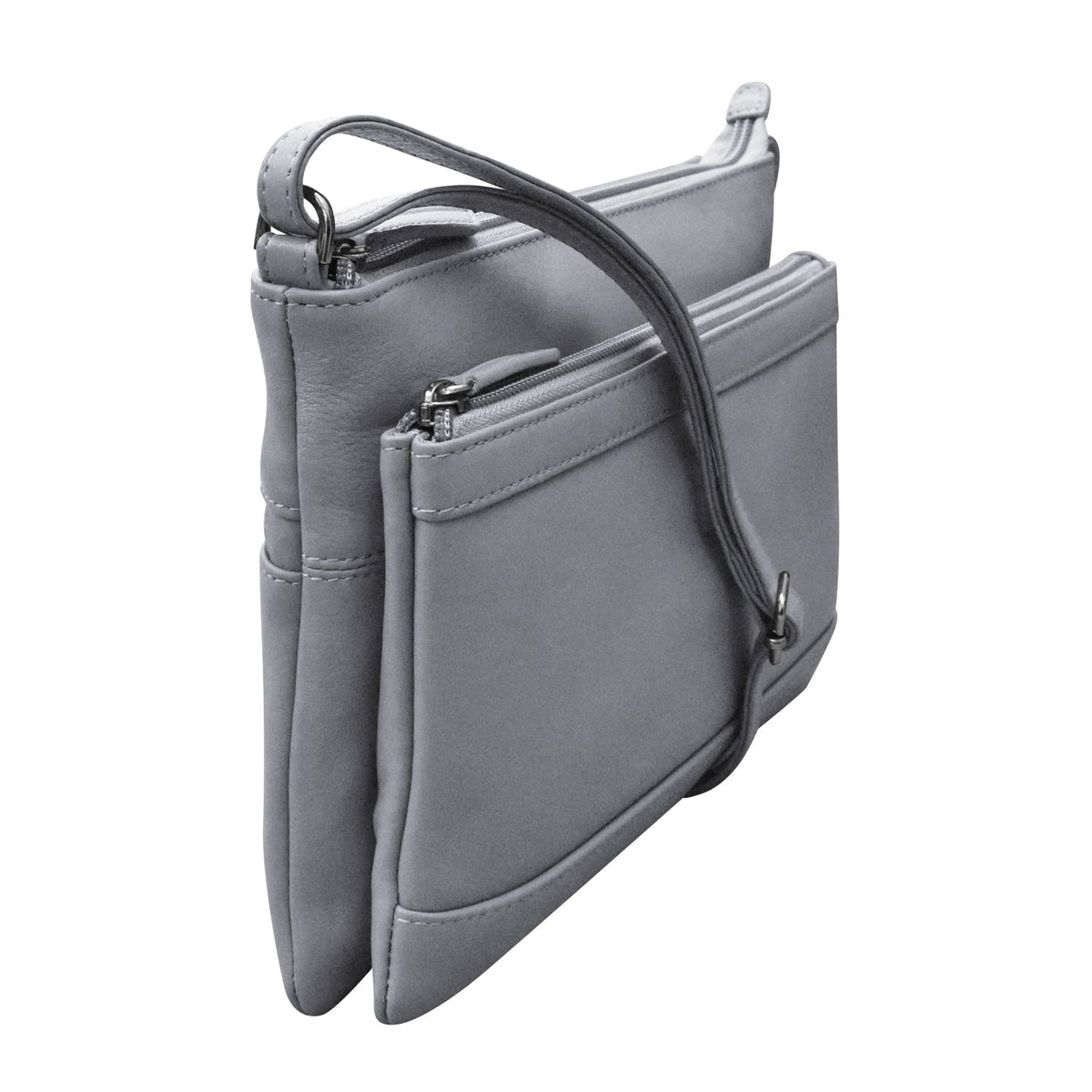 Gray crossbody bag with a strap on a white background