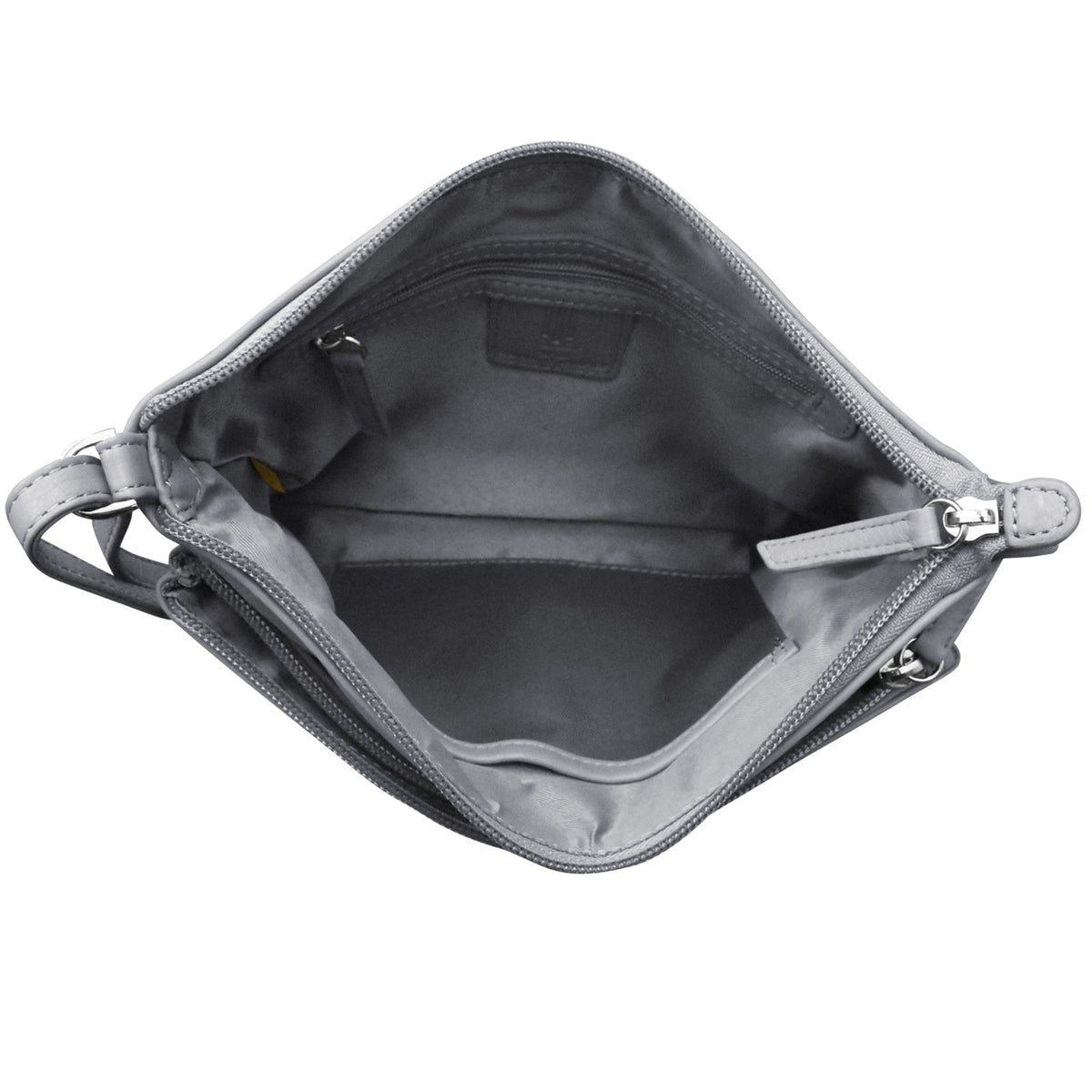 Gray handbag with open flap on a white background