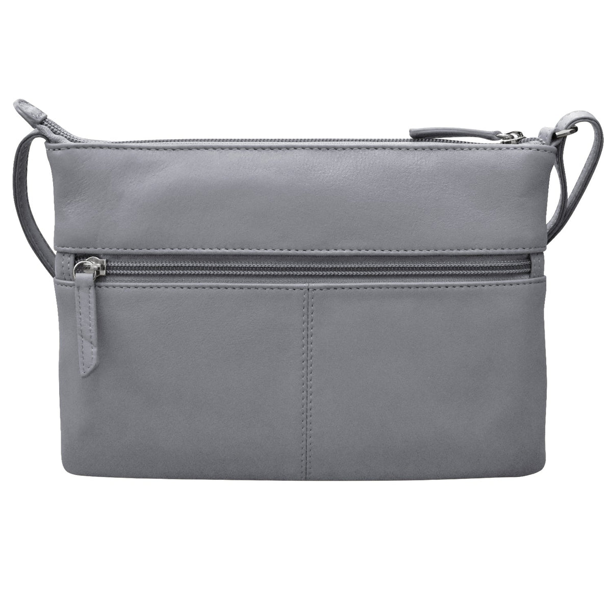 Gray crossbody bag with zippers on a white background