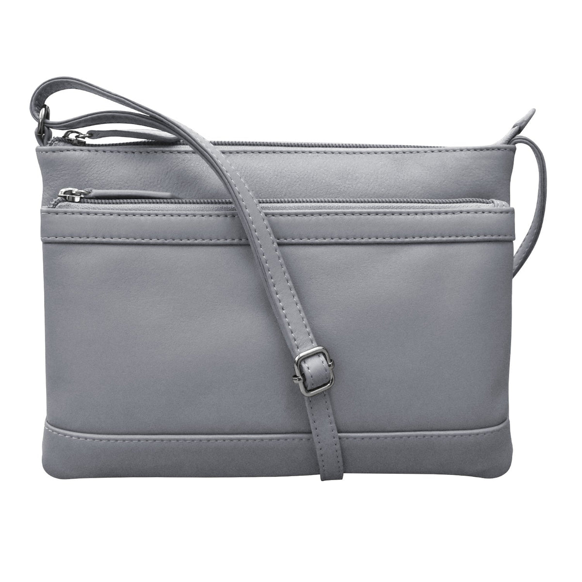 Gray crossbody bag with a strap on a white background