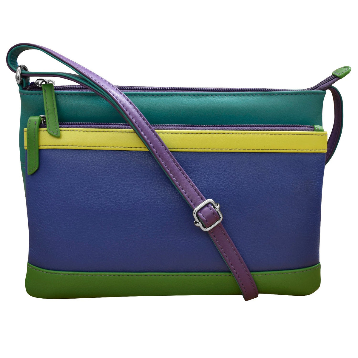 Multicolored handbag with a strap on a white background