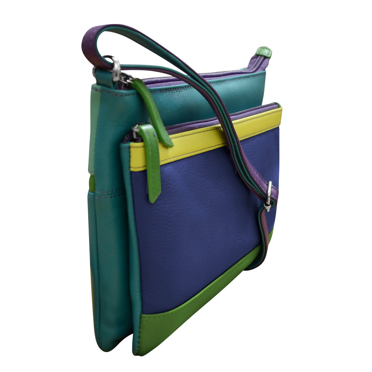 Multicolored handbag with green, purple, and yellow accents on a white background