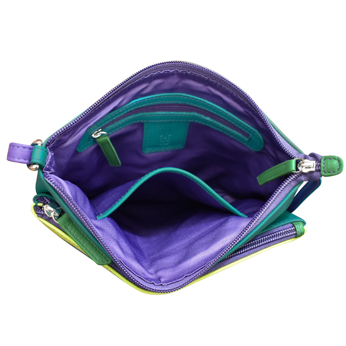 Purple and green bag with open compartments on a white background