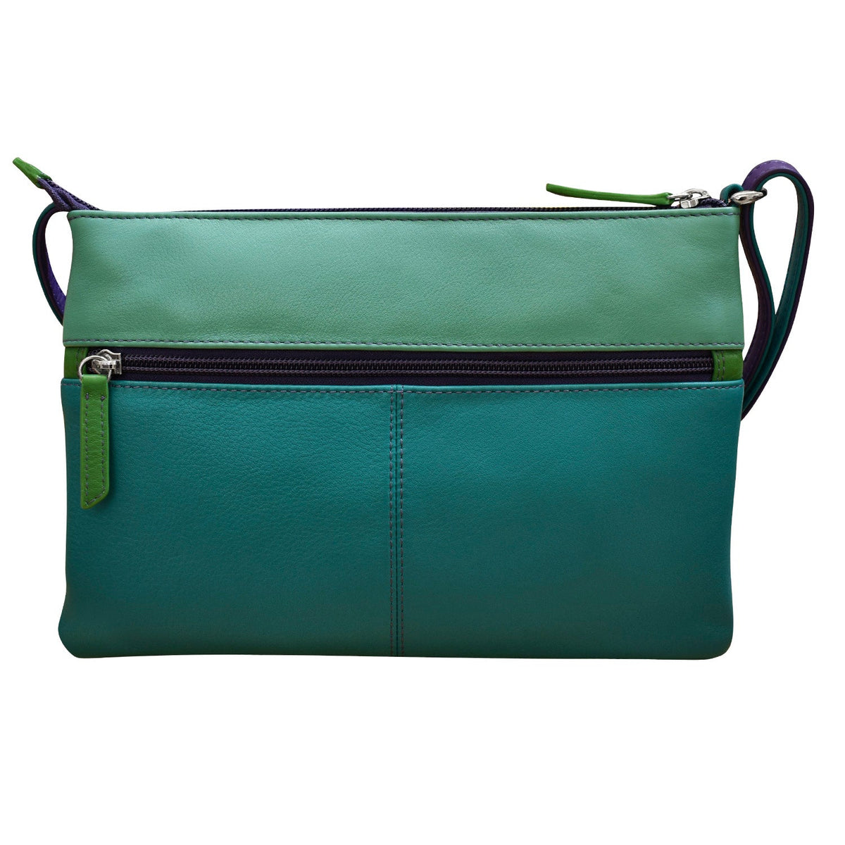 Green leather handbag with a strap on a white background