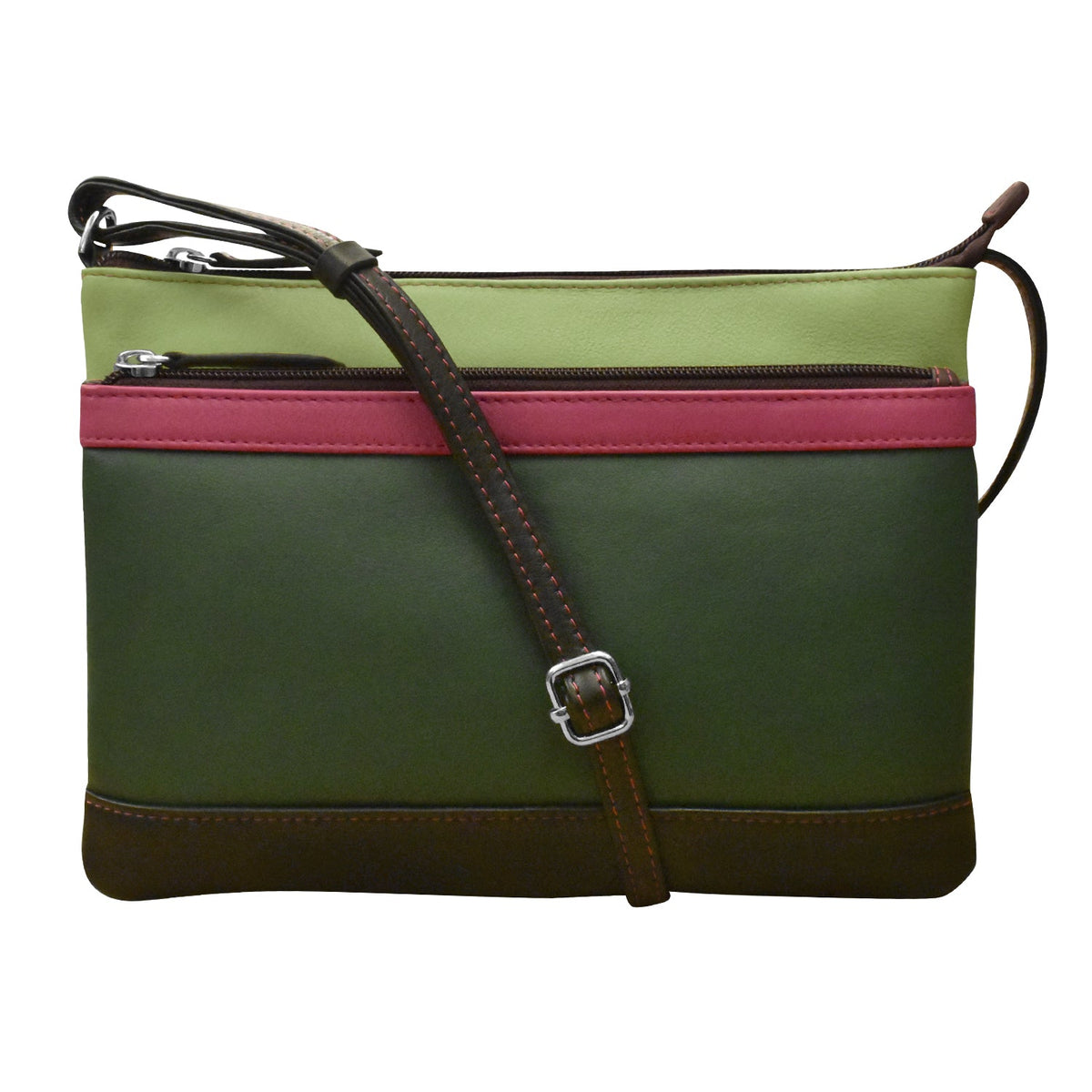 Green and pink handbag with a brown strap on a white background