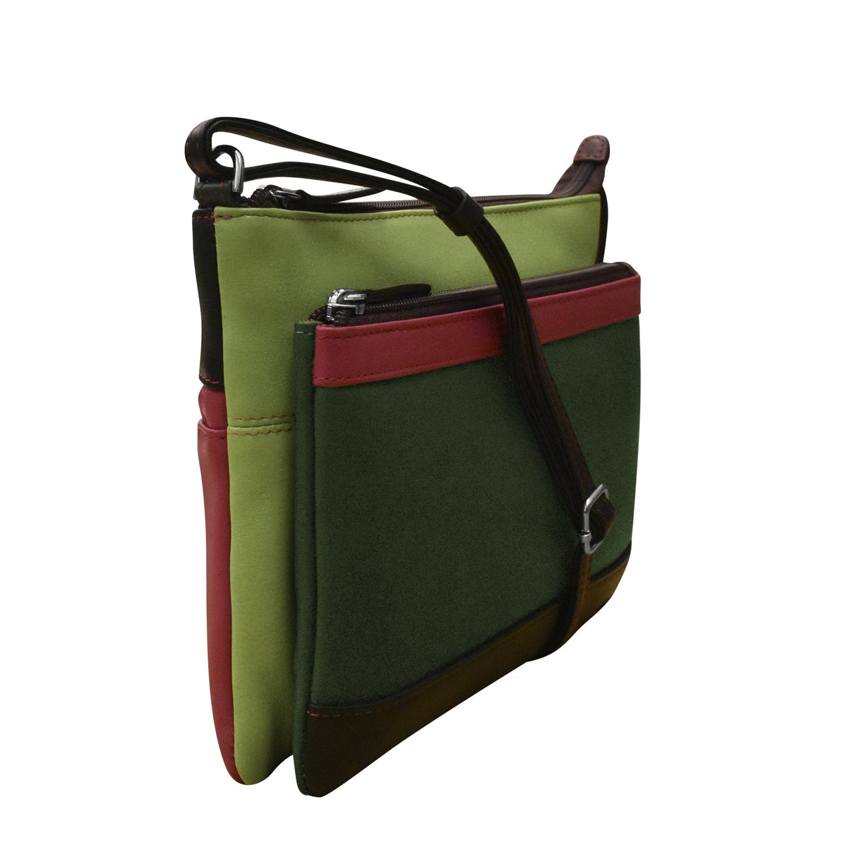 Multicolored bag with green, red, and brown sections on a white background