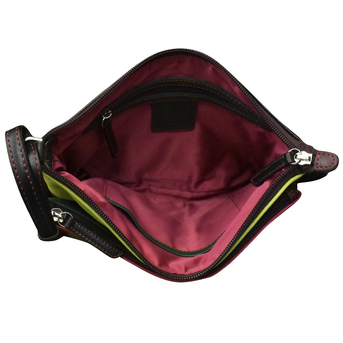 Open maroon handbag with black interior on a white background