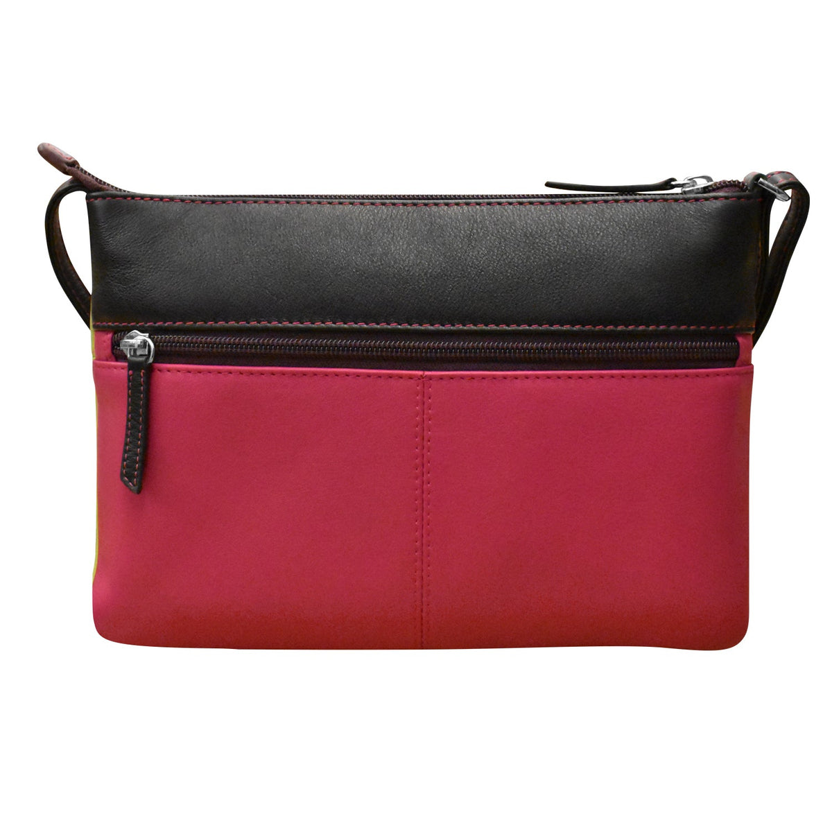 Black and red handbag with a zipper on a white background