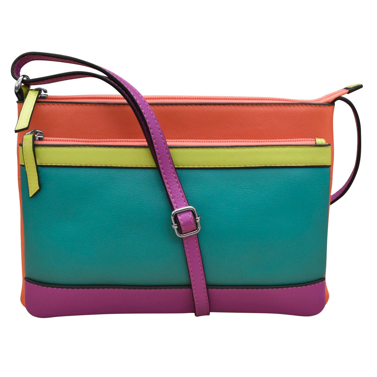 Multicolored handbag with a strap on a white background