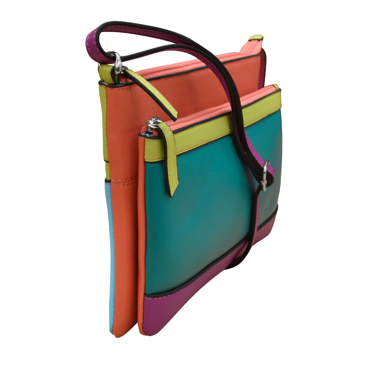 Multicolored handbag with a handle on a white background