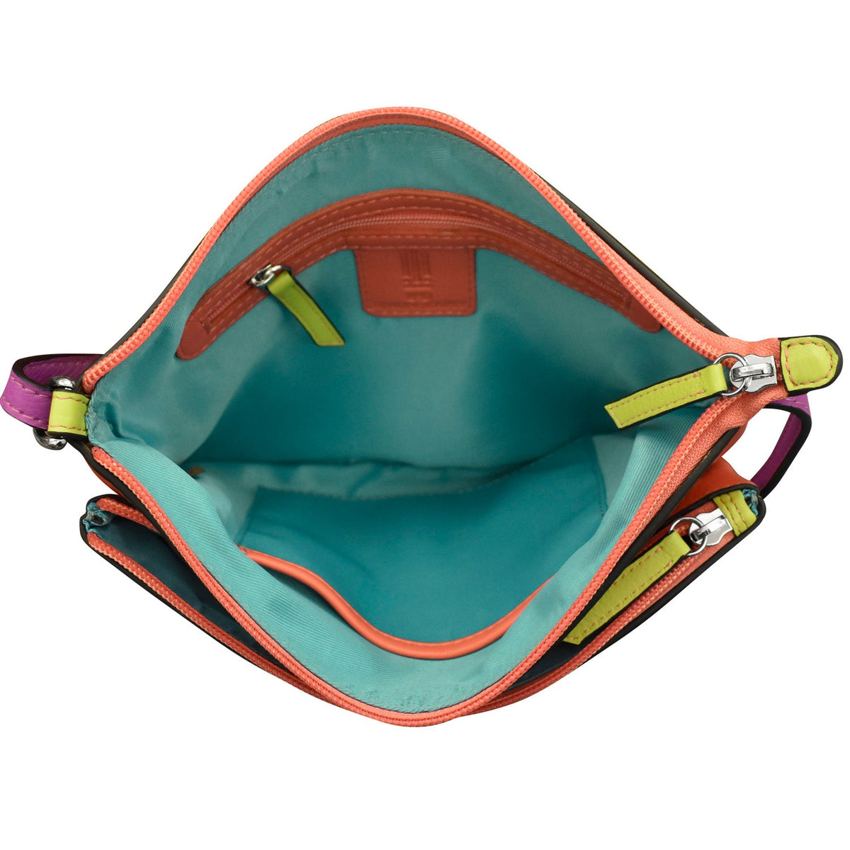 Open handbag with colorful handles on a white background