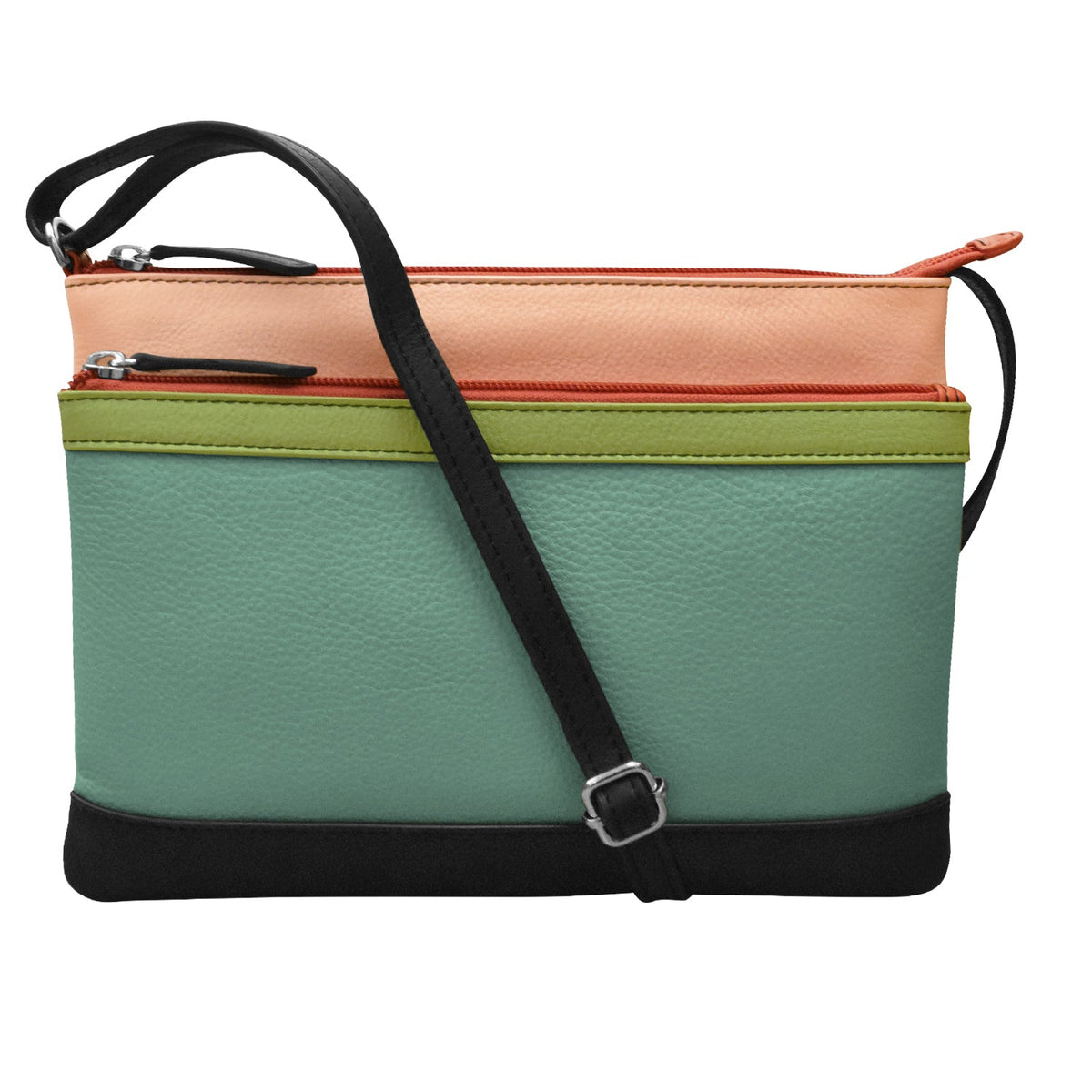 Multicolored handbag with a black strap on a white background