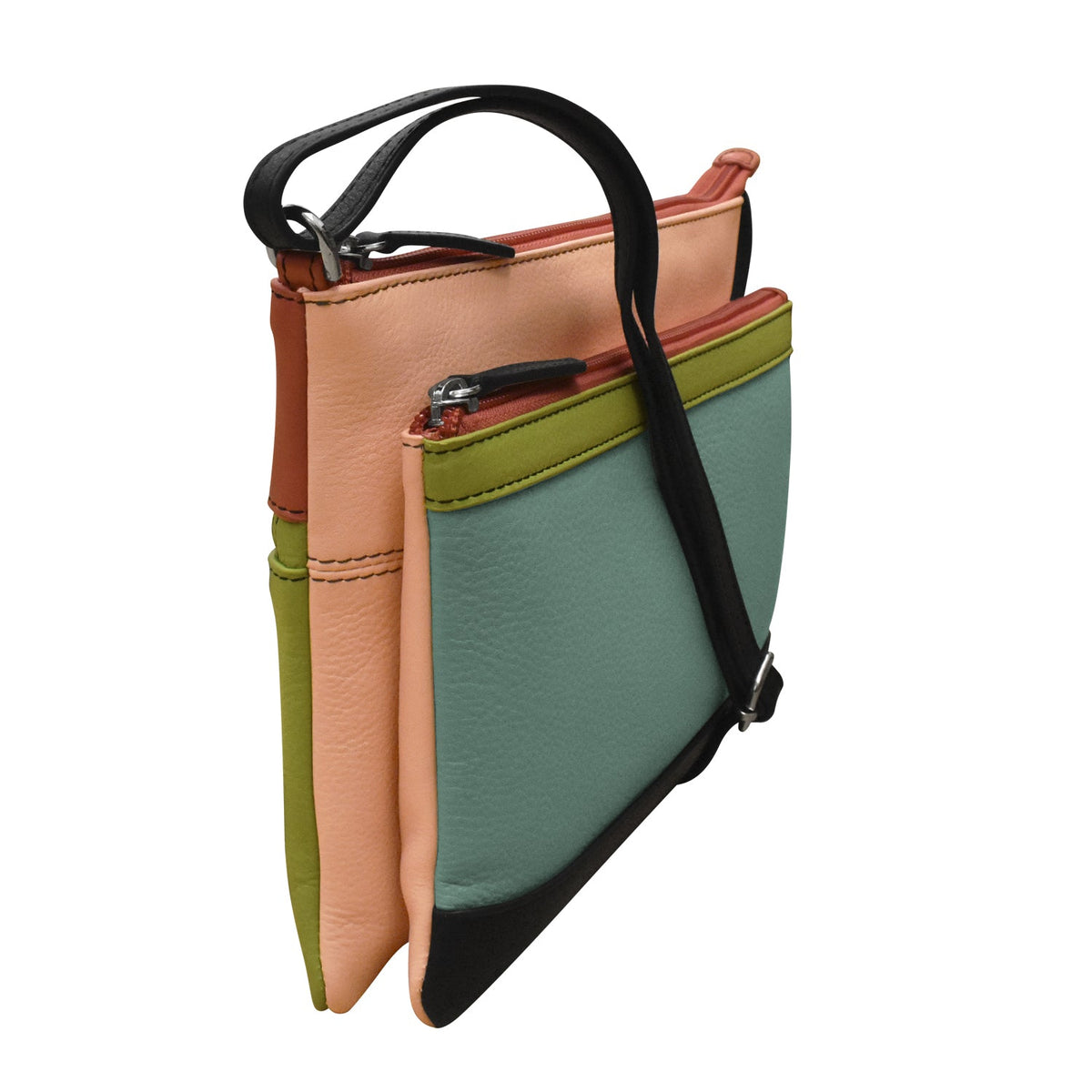 Multicolored handbag with a black strap on a white background