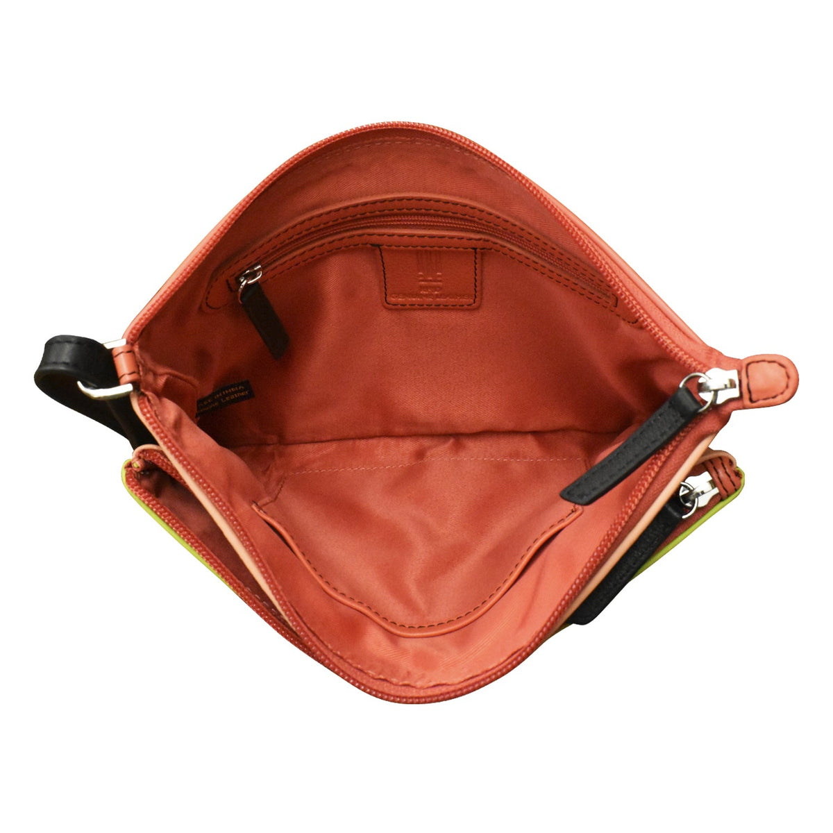 Open orange leather bag with visible brand logo on a white background