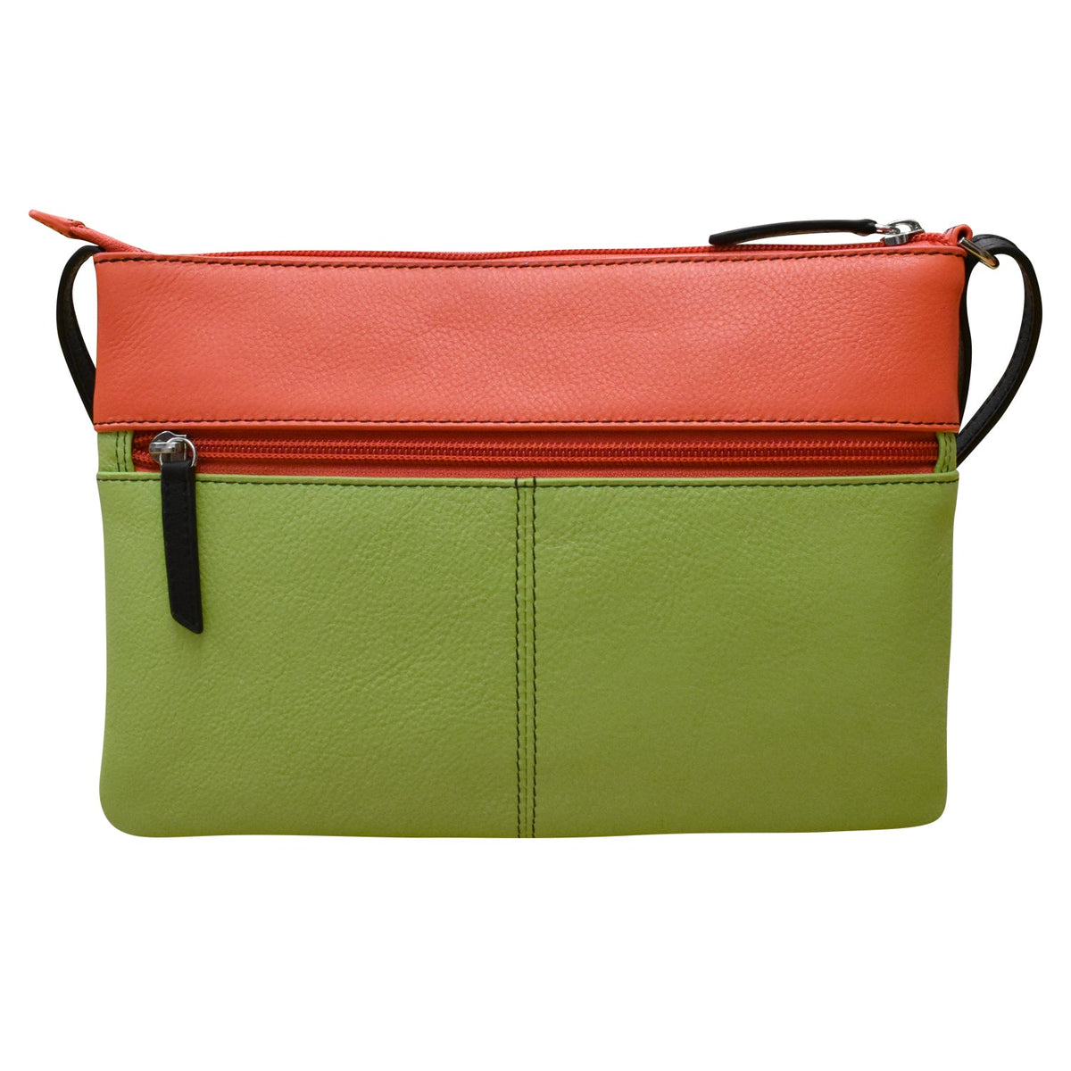 Two-tone red and green handbag on a white background